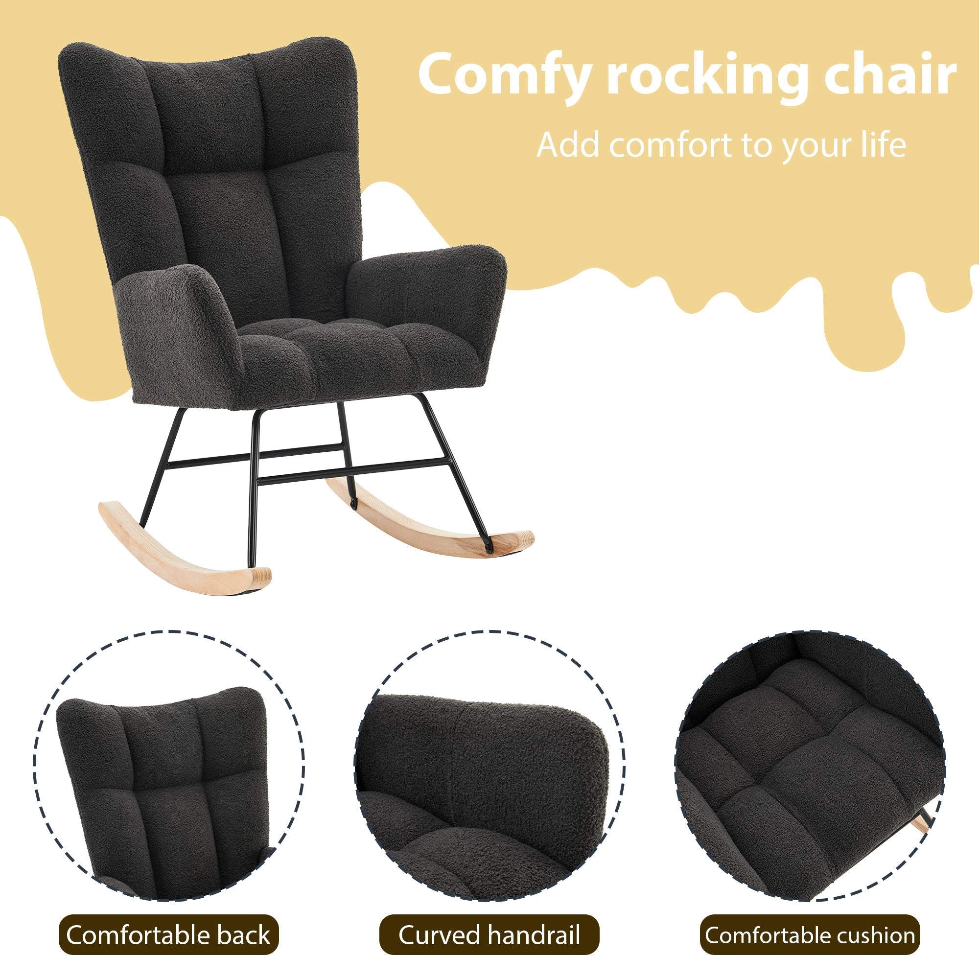 Modern Rocking Chair High Back Armrests - Grey