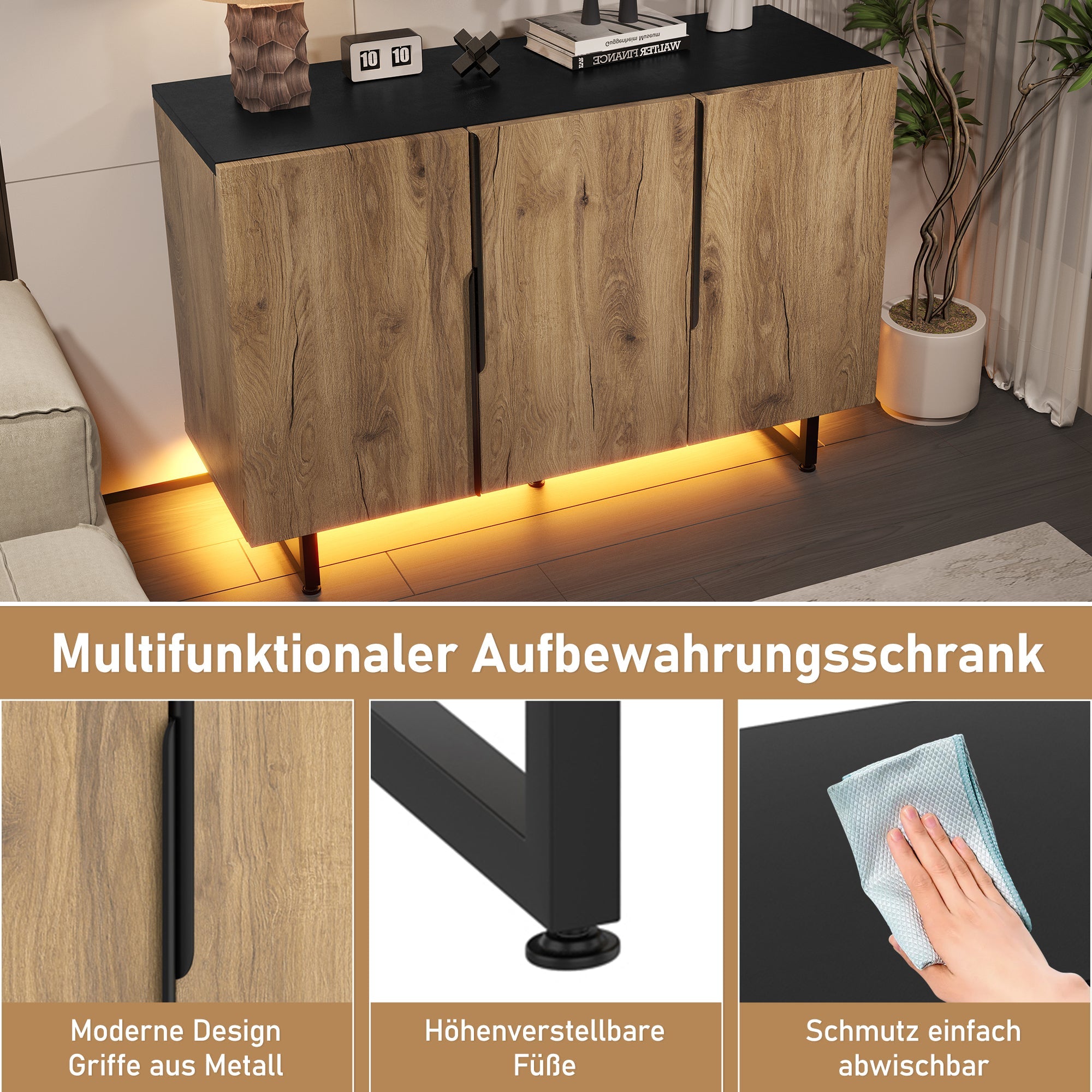 Sideboard, Retro with Integrated LED Lighting, Freestanding, Adjustable Shelves, Stylish Design