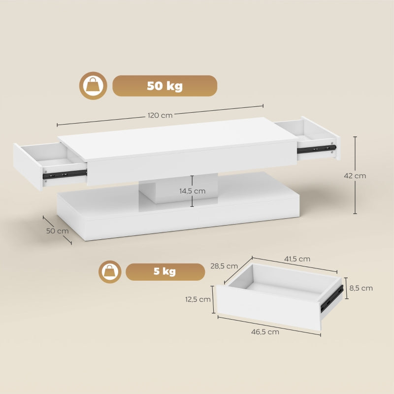 Living Room Table, Drawers, LED Lights, Open Shelf, White Chipboard