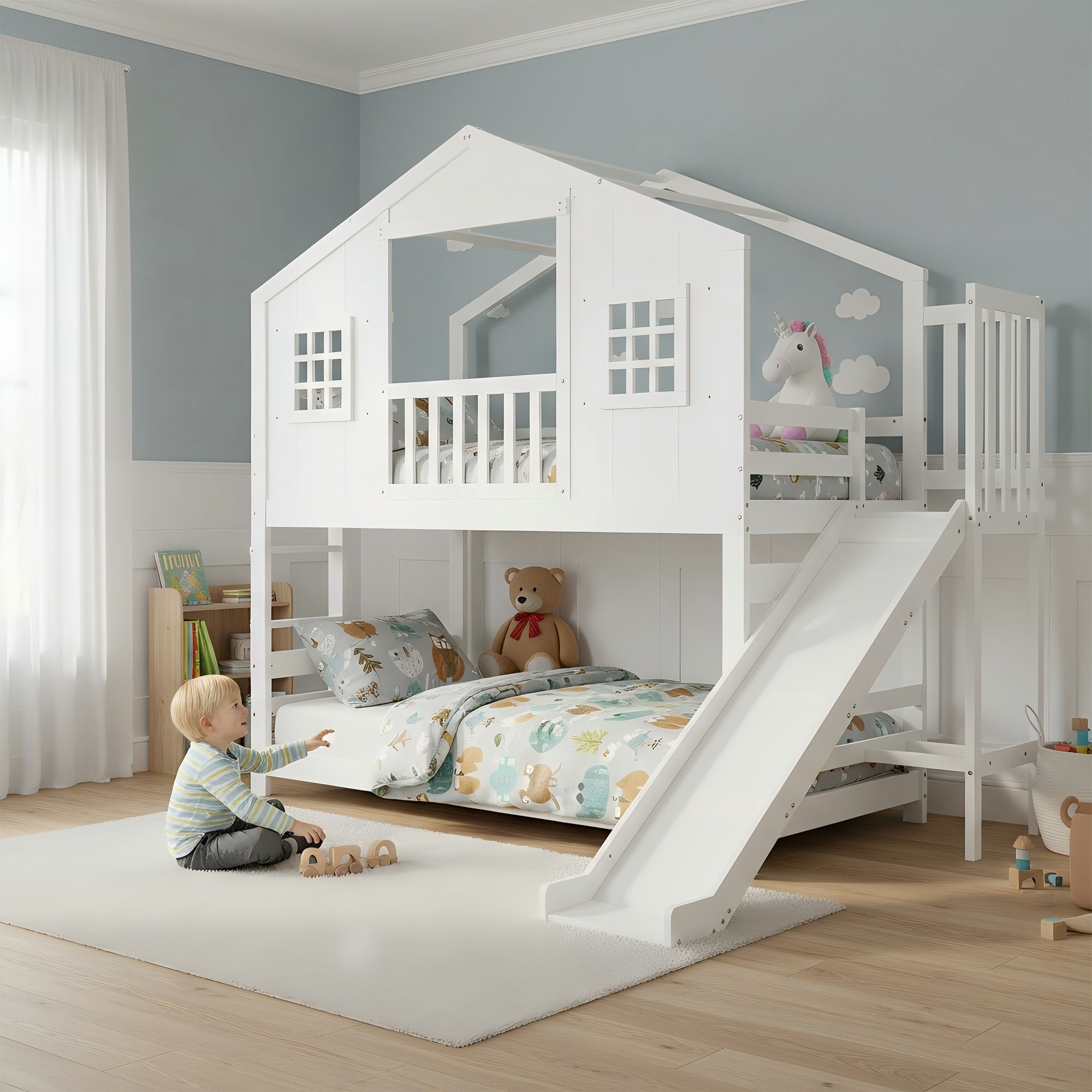 Bunk Bed with Slide and Window Roof Design, 90x200cm, White Pine + MDF + Plywood
