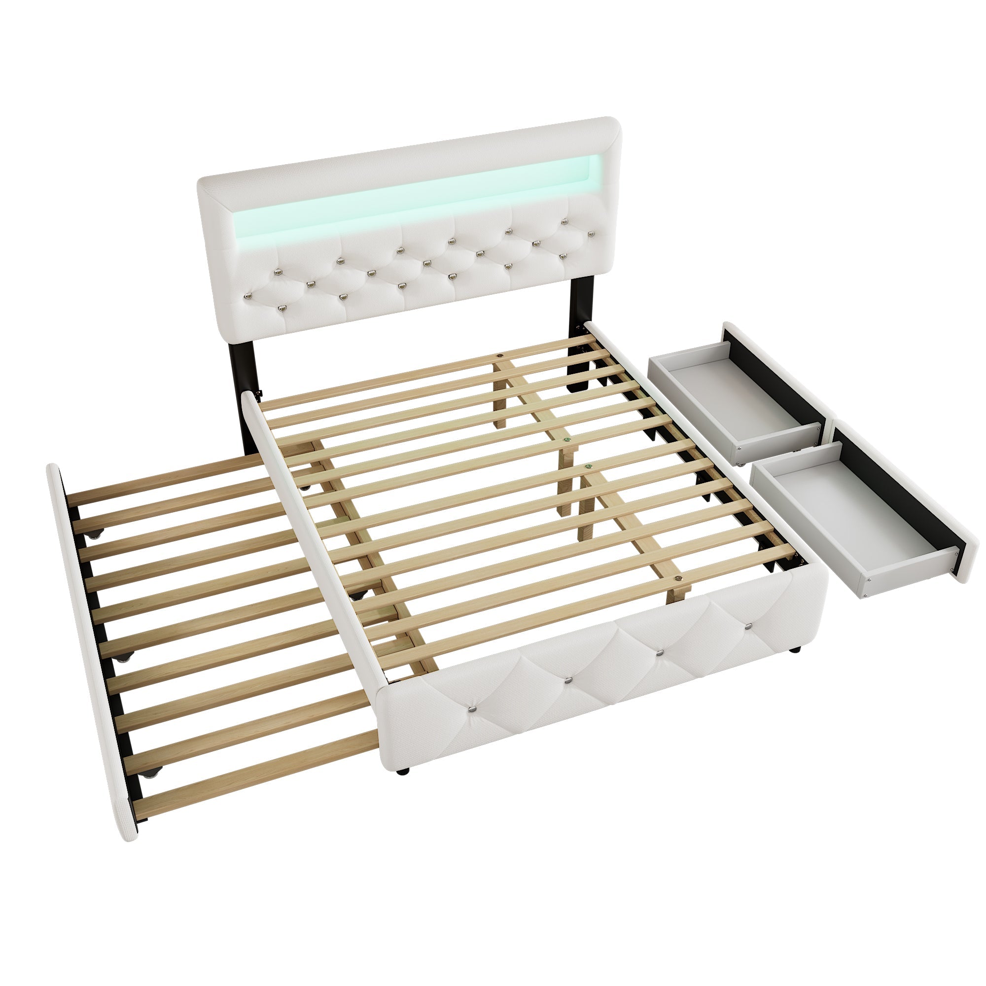 Upholstered Bed 140x200cm Pull-out Bed 2 Drawers Bedside Light Strip - White