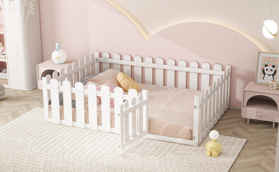 Children's Bed 140x200cm, Wooden Frame with Door & Surround, White