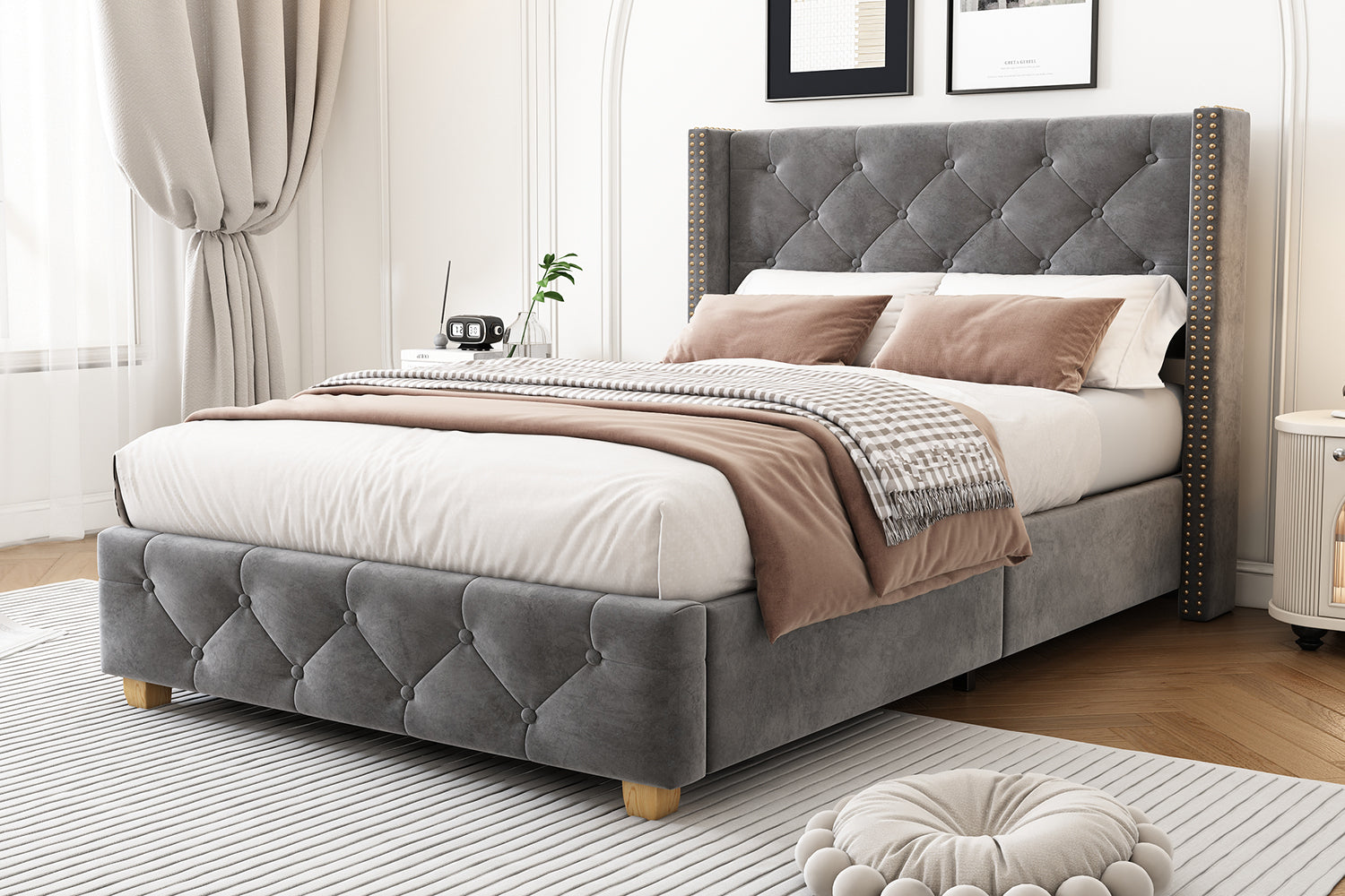 Upholstered Bed, Single Bed-3ft(90*190cm) with Slatted Frame and Headboard, Button Upholstery, Rivet Upholstery, Wooden Legs, Velvet, Grey