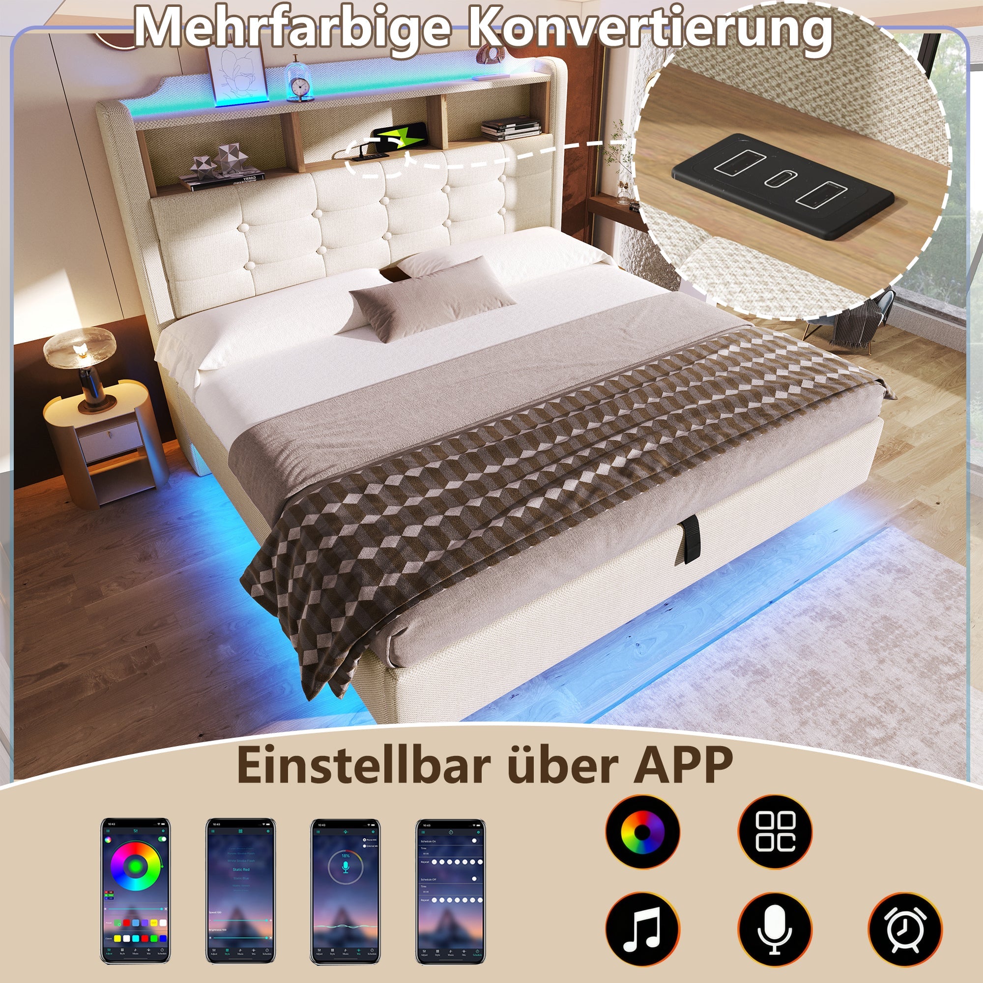 Upholstered Bed 140x200cm LED Light Strip Hydraulic Storage USB/Type-C Ports Linen Beige