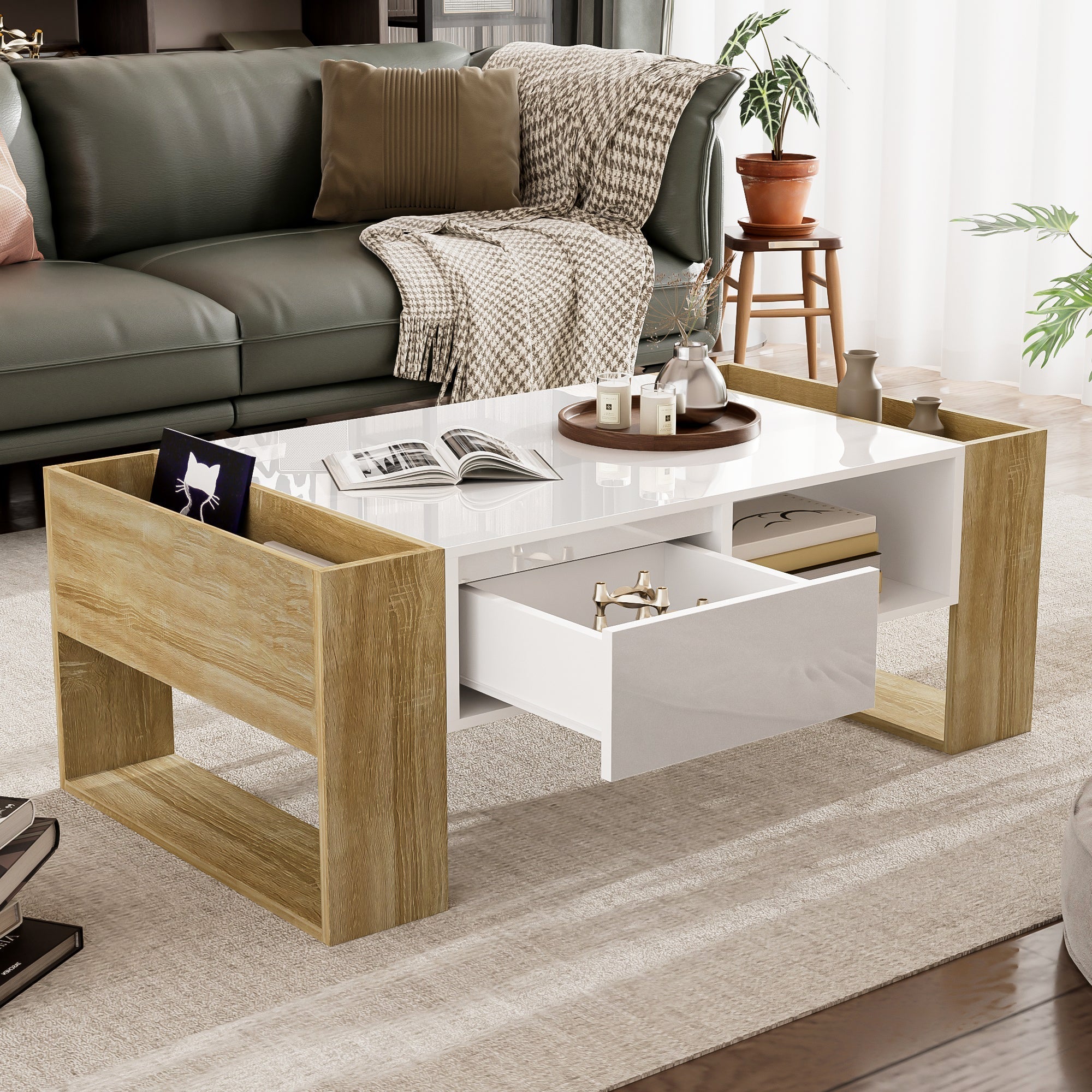 Modern coffee table 105 x 60 x 40 cm with drawers and open compartments, high gloss