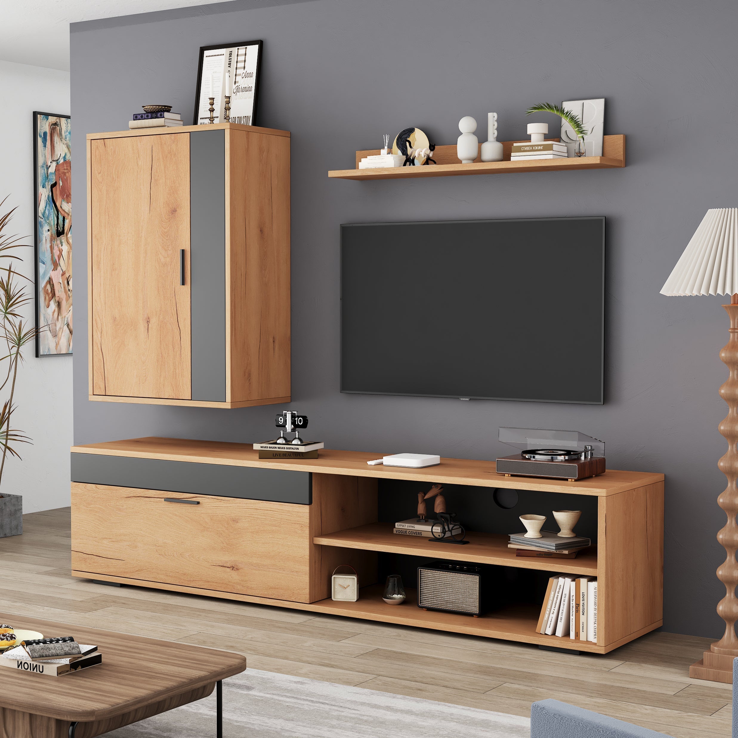 TV Wall Unit Set, 3-Piece Media & Storage, Wood + Black