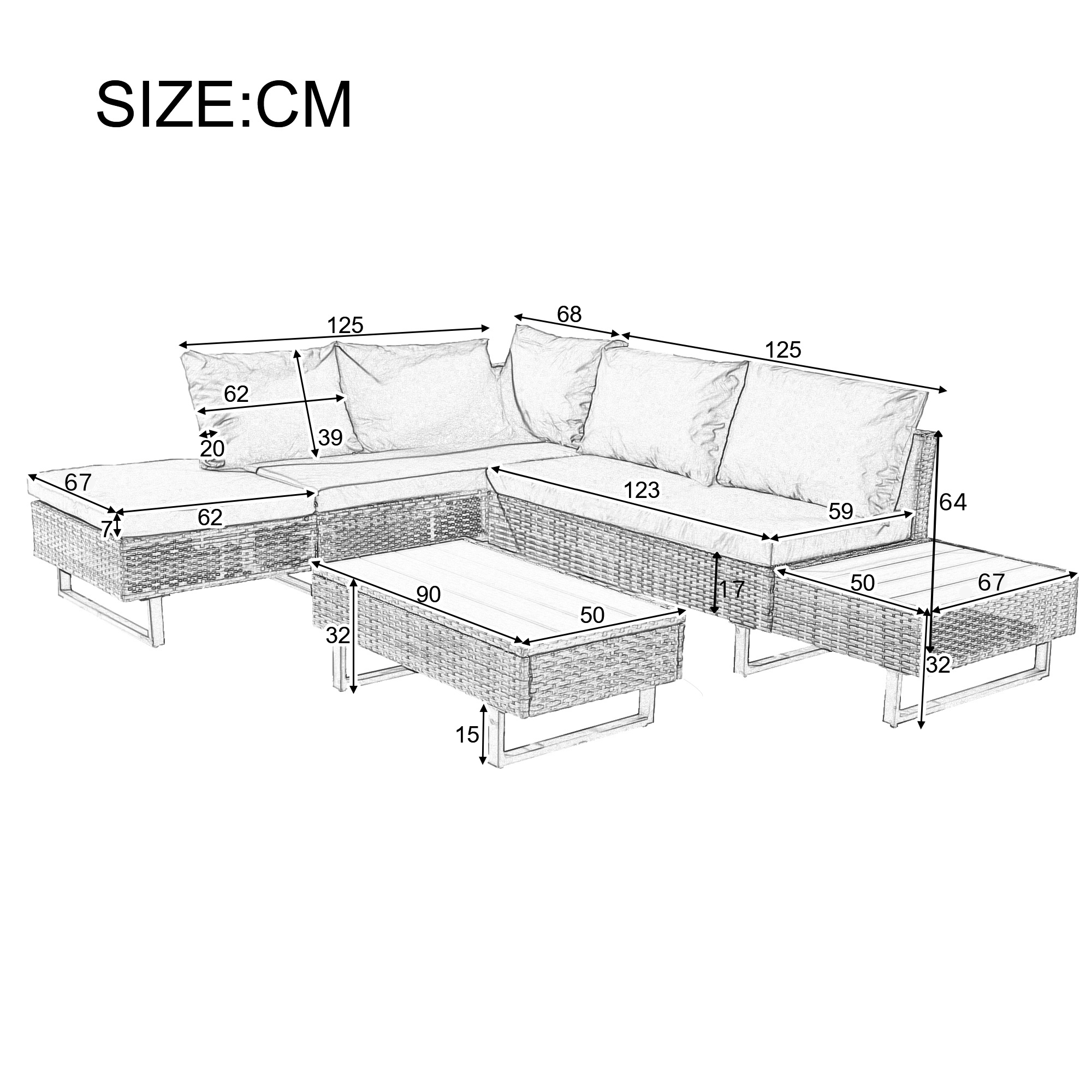 Poly Rattan Garden Set, 4-5 Person Corner Sofa Lounge with Table & Cushions, Grey