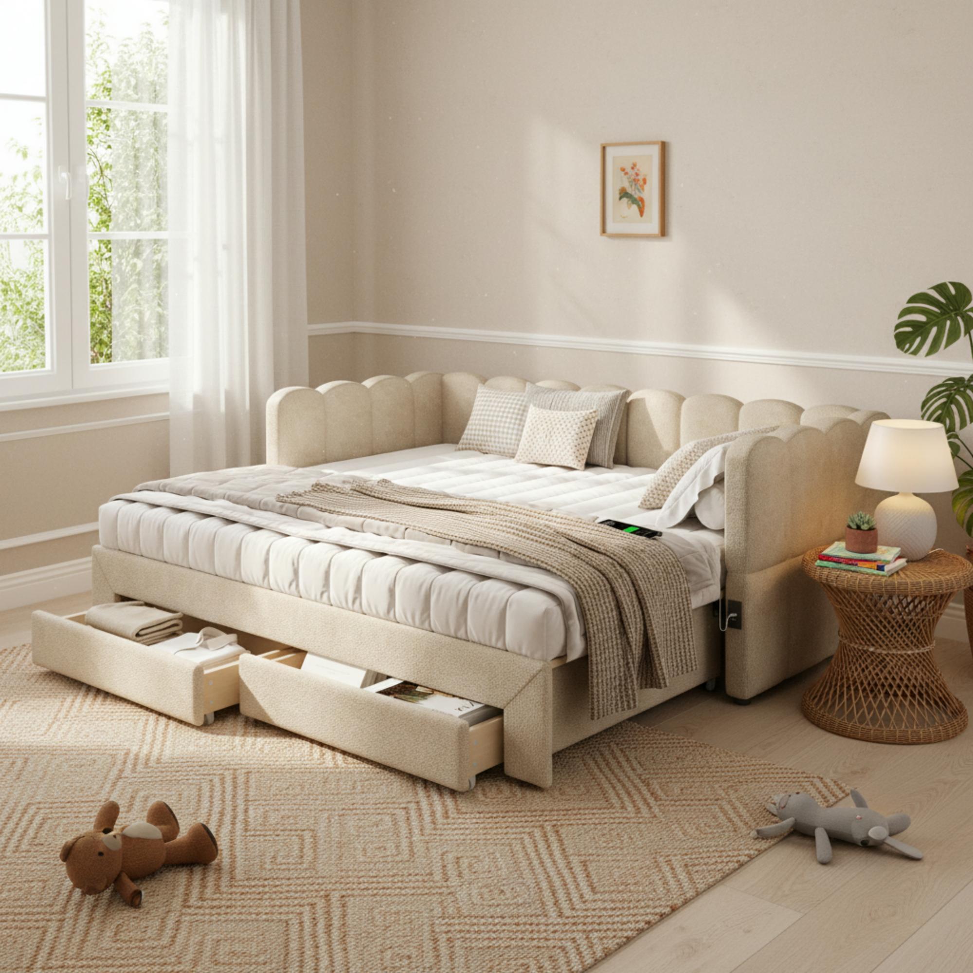 Upholstered Daybed with 2 Storage Drawers, USB Port, Extendable 90x190 to 180 cm, Beige Chenille