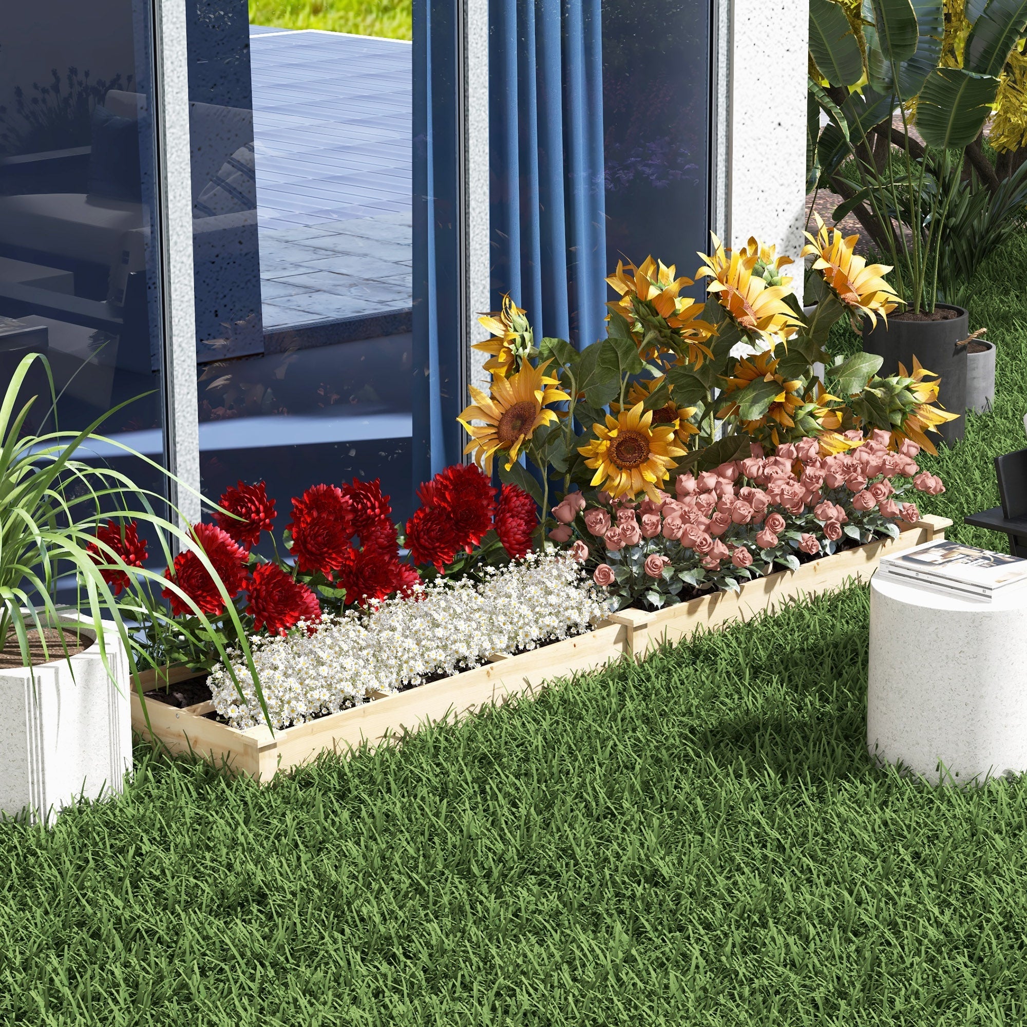 Raised Garden Bed Planter, Large 2 Compartments, 237x60x25cm, Wooden Natural