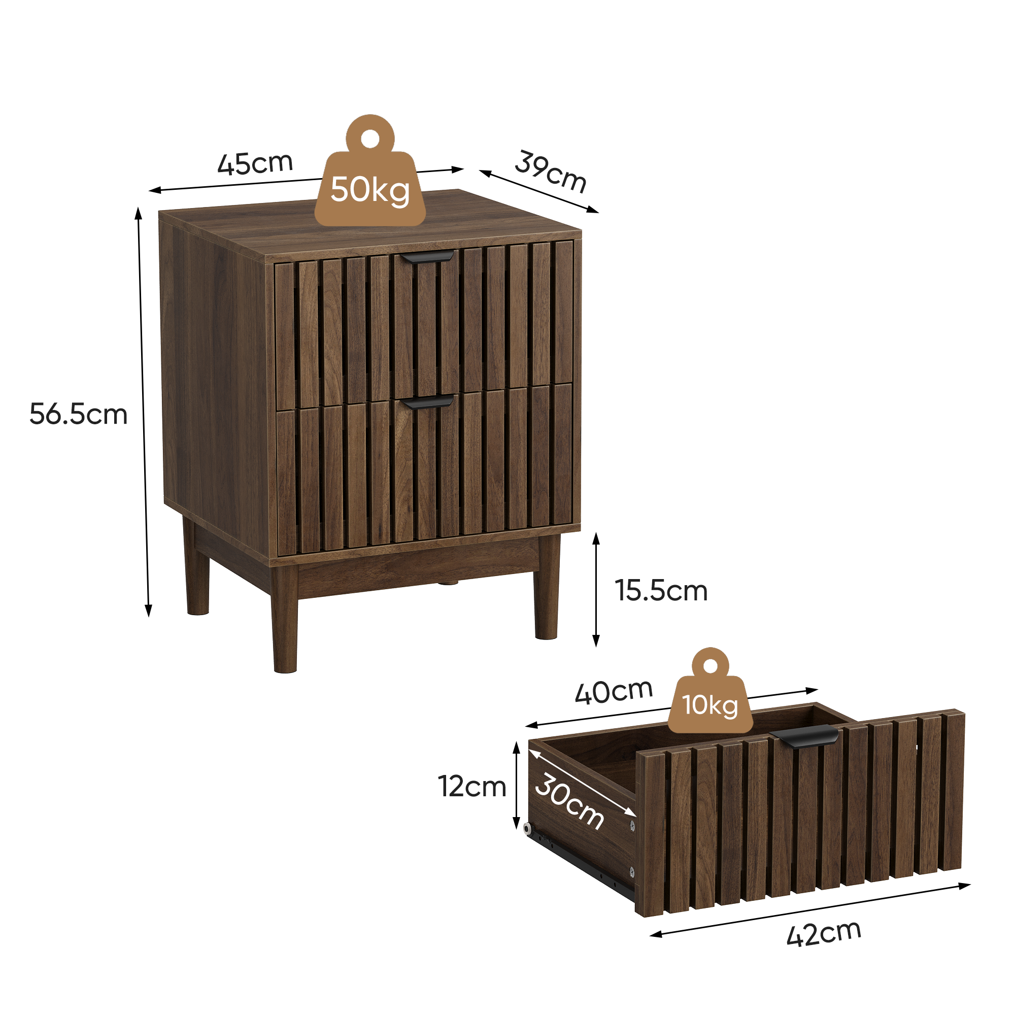 Mid-Century Modern Nightstand with Two Drawers and Slatted Design, 45 x 39 x 56.5 cm, Walnut Wood