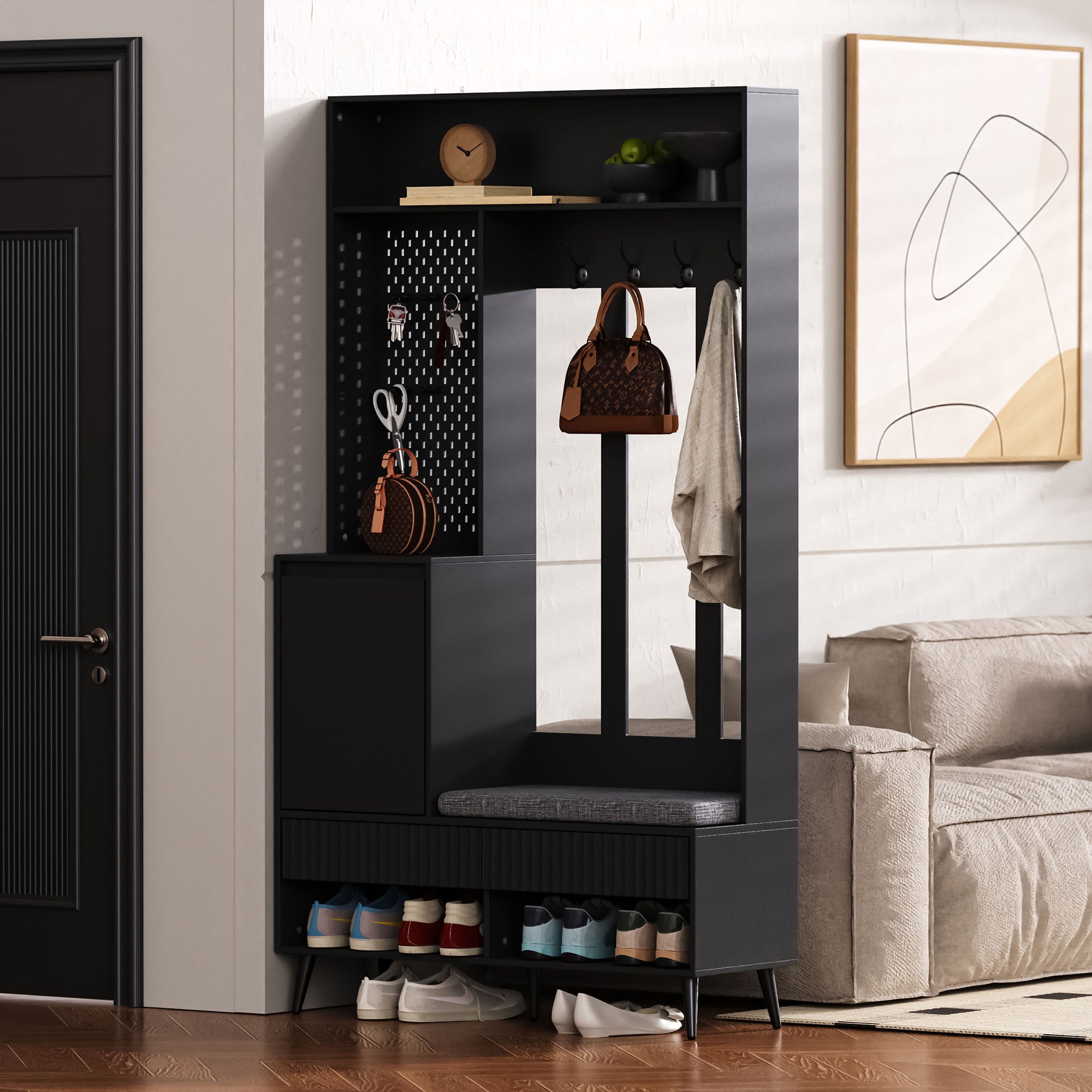 Wardrobe set with shoe bench, 4 coat hooks, two drawers, 1 door, black