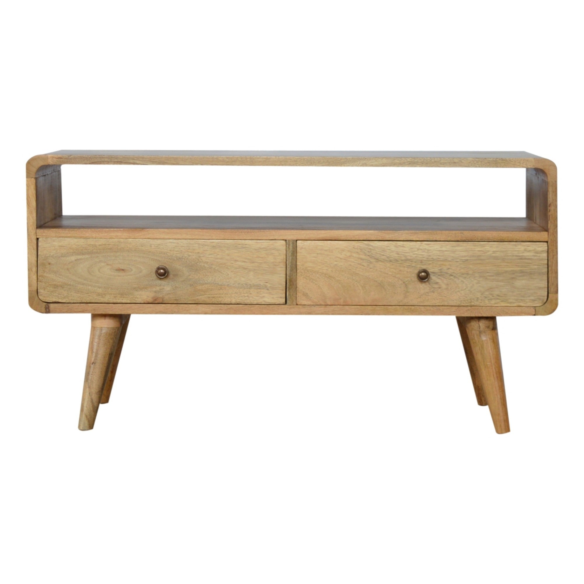 Solid Wood Curved Media Unit with 2 Drawers and Open Slot, Brown Oak-ish