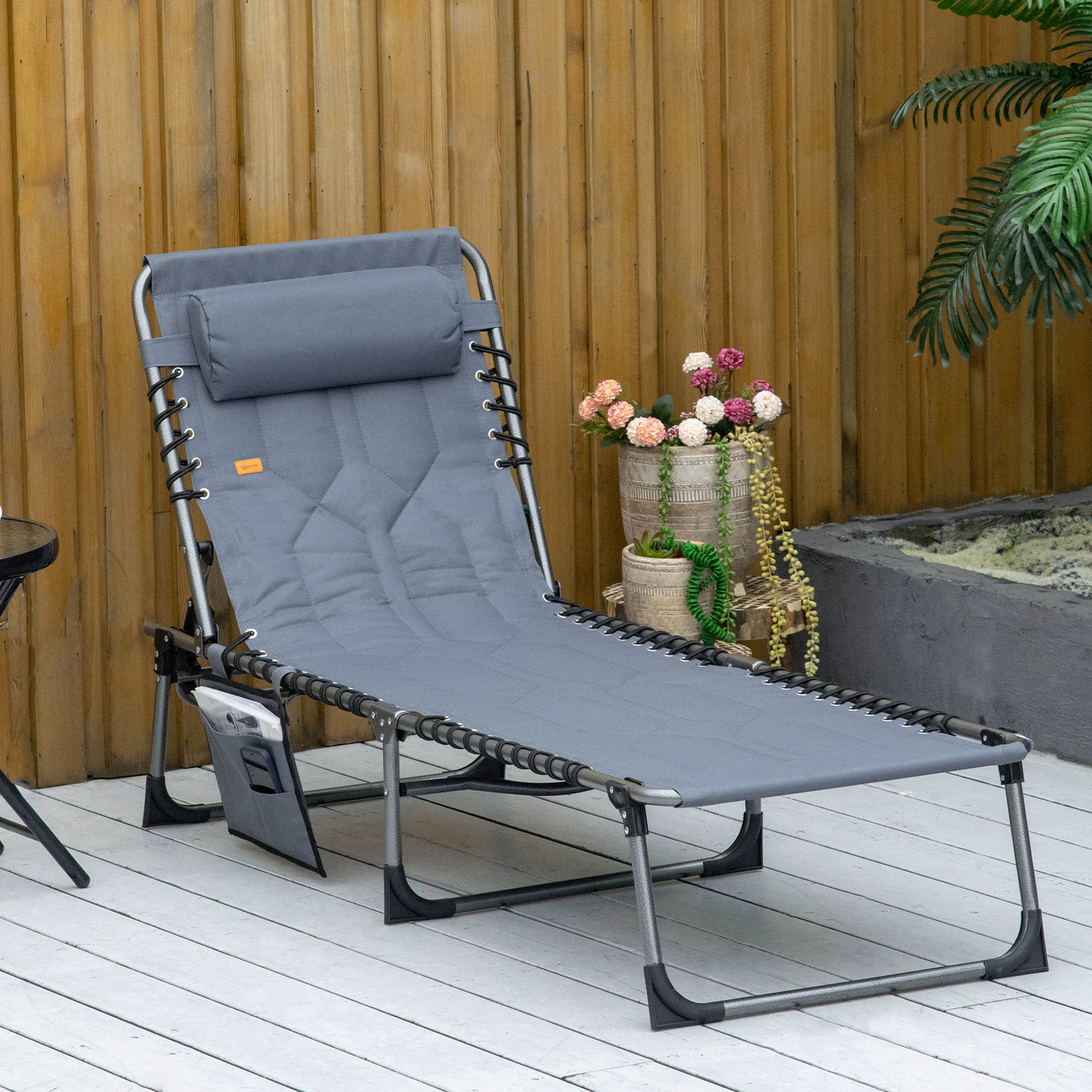 Sun Lounger, Foldable 5-Position Adjustable Backrest Weatherproof 130kg Max Load, Grey