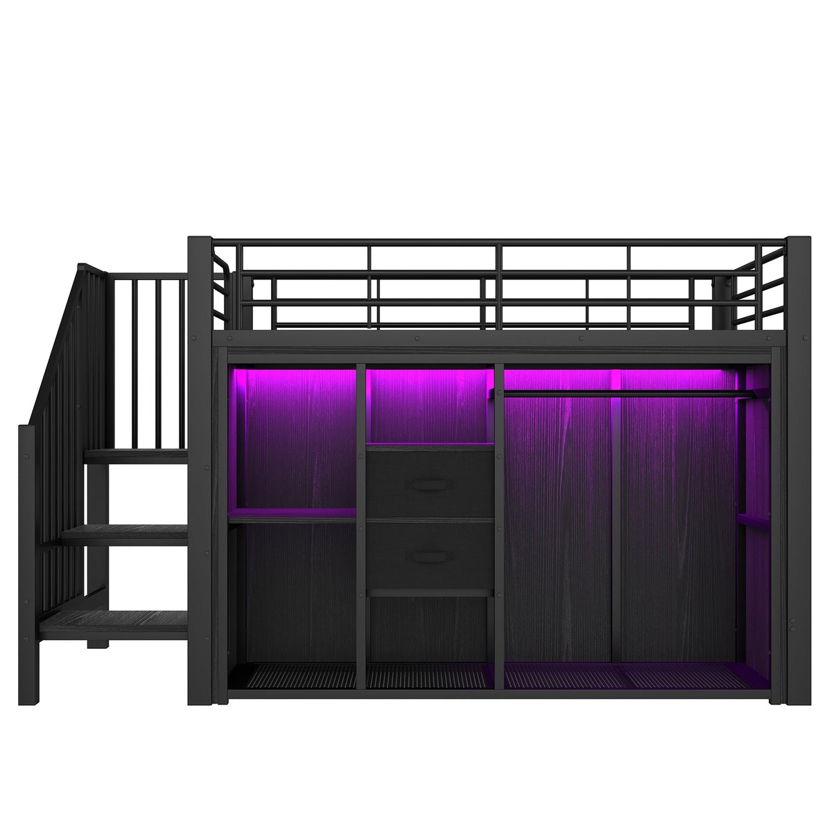 Mid-Height Bed 90x200cm 2 Drawers Open Wardrobe LED Storage - Black