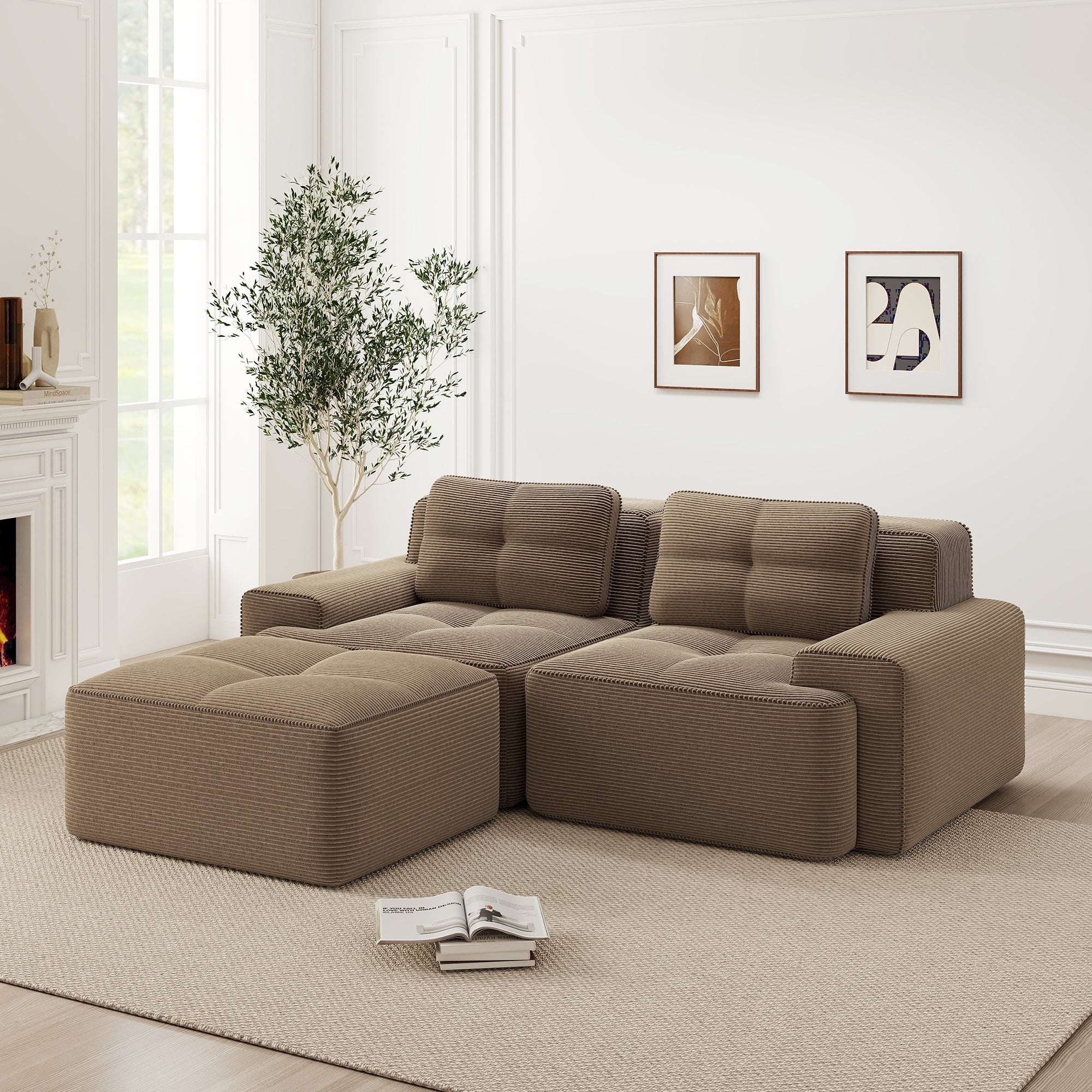 Boneless Modular Sofa L-Shaped Corduroy Sleeper with Ottoman - Brown