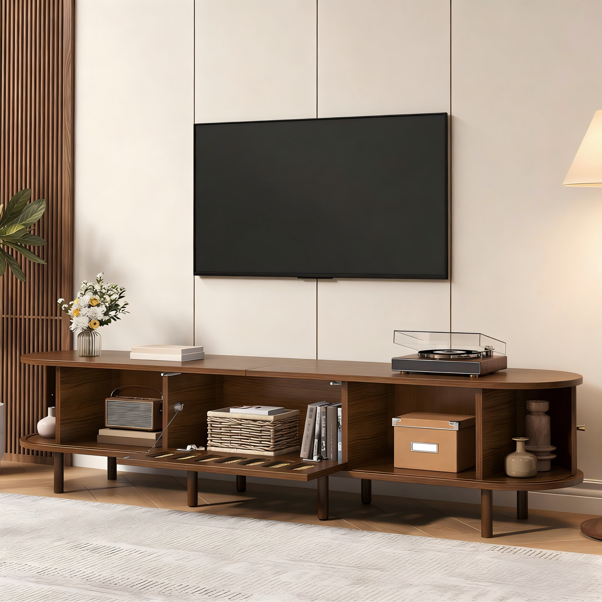 Oval TV Stand with Roll-Up Doors and Rattan Design, Dark Walnut MDF