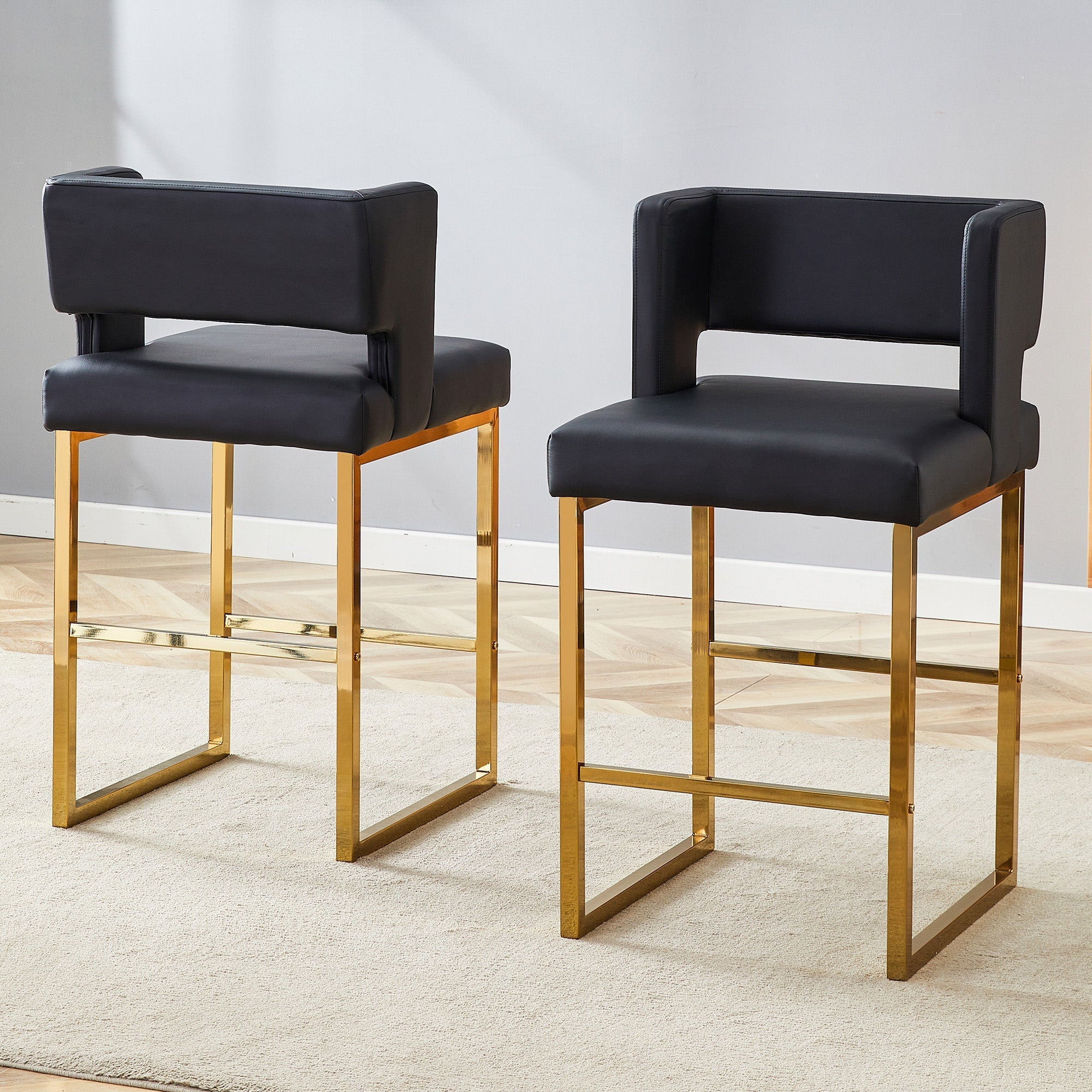 Bar Stools Set of 2 Nordic Square Gold Metal Legs - Black