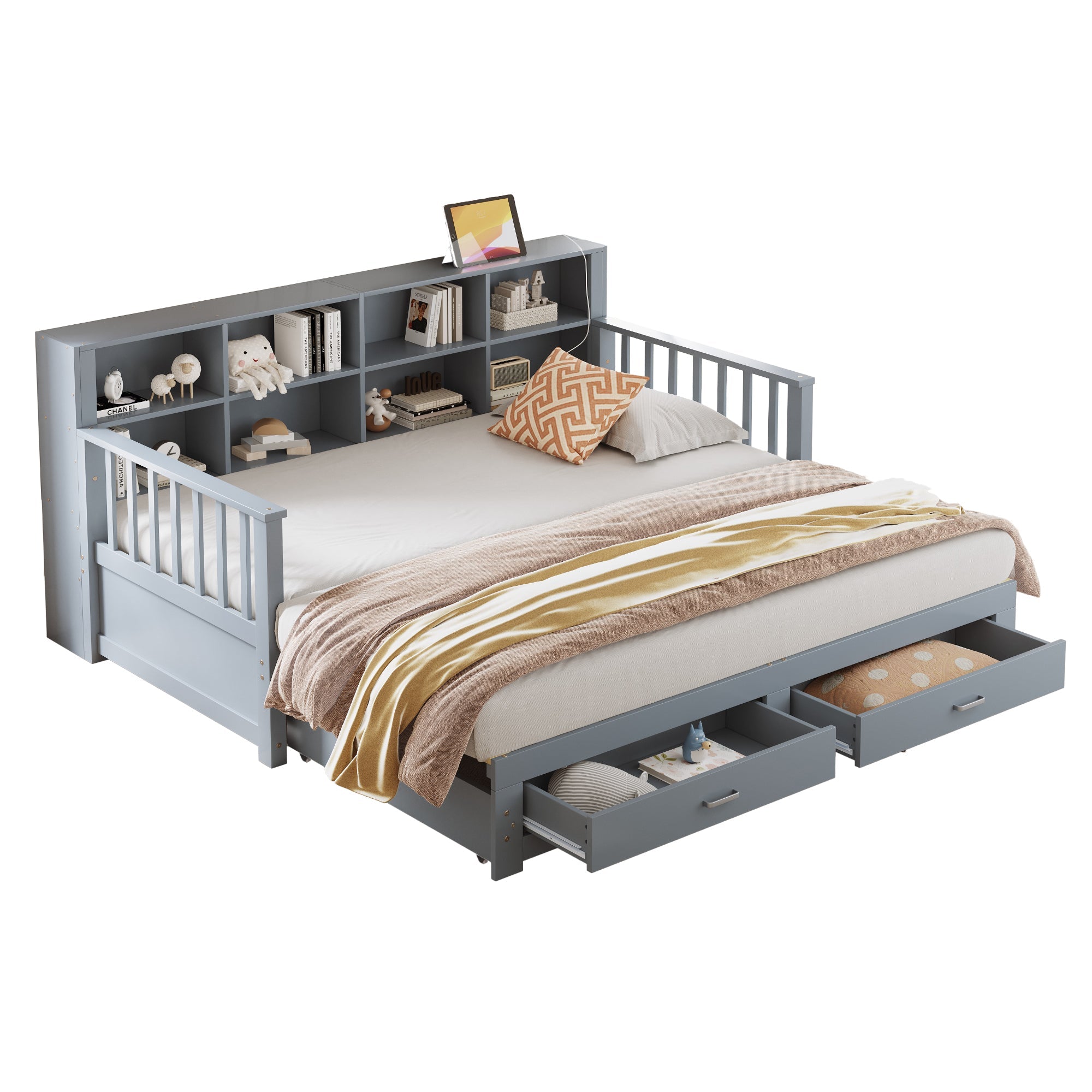 Sofa Bed, Pull-Out 90/180x190 cm with Storage & Charging, 2 Drawers, Pine, Grey