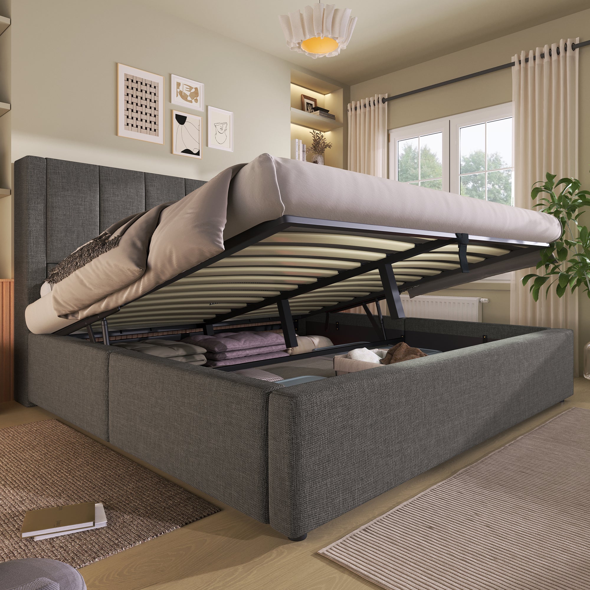 Upholstered Bed 160x200cm Hydraulic Storage Hidden Cup Holder Charging Station Linen Grey