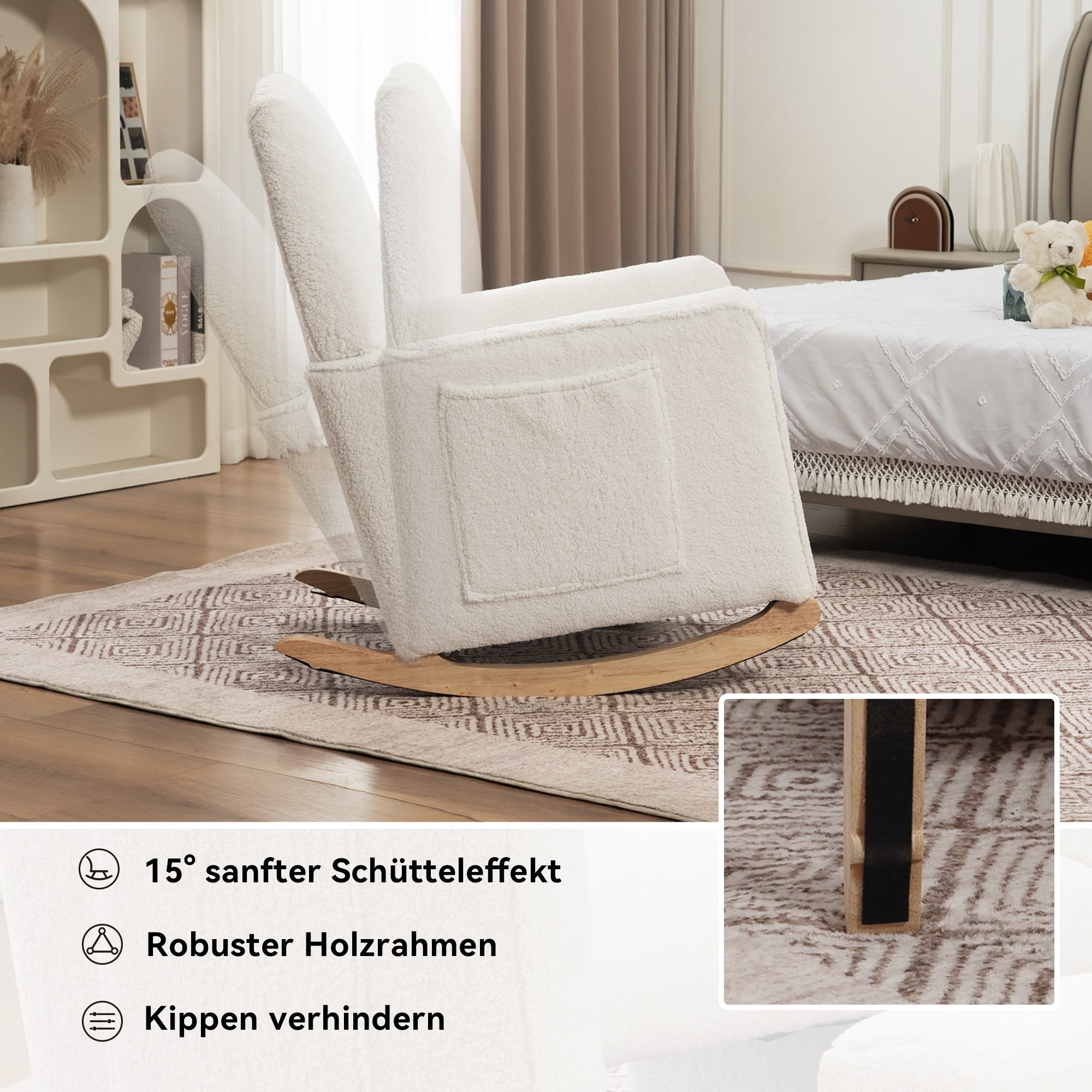 044 Rocking Chair with Stool, Recliner, High Back, White Teddy Fabric