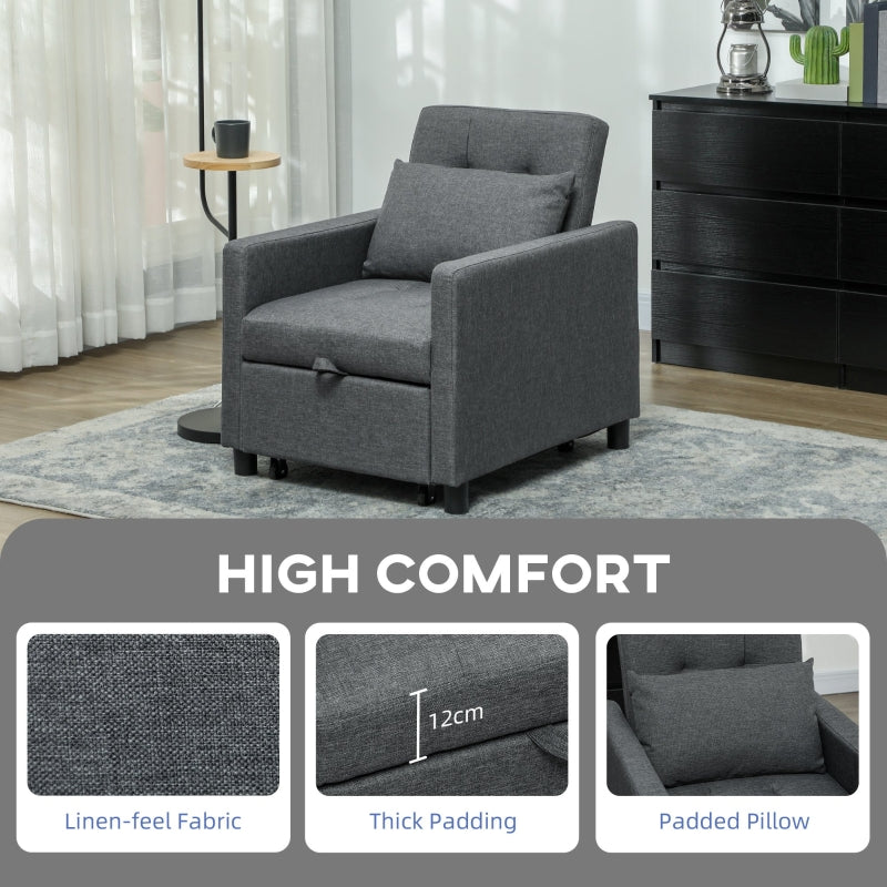 3-In-1 Chair Bed, Convertible Sleeper with Adjustable Backrest, Pillow and Footrest, Dark Grey