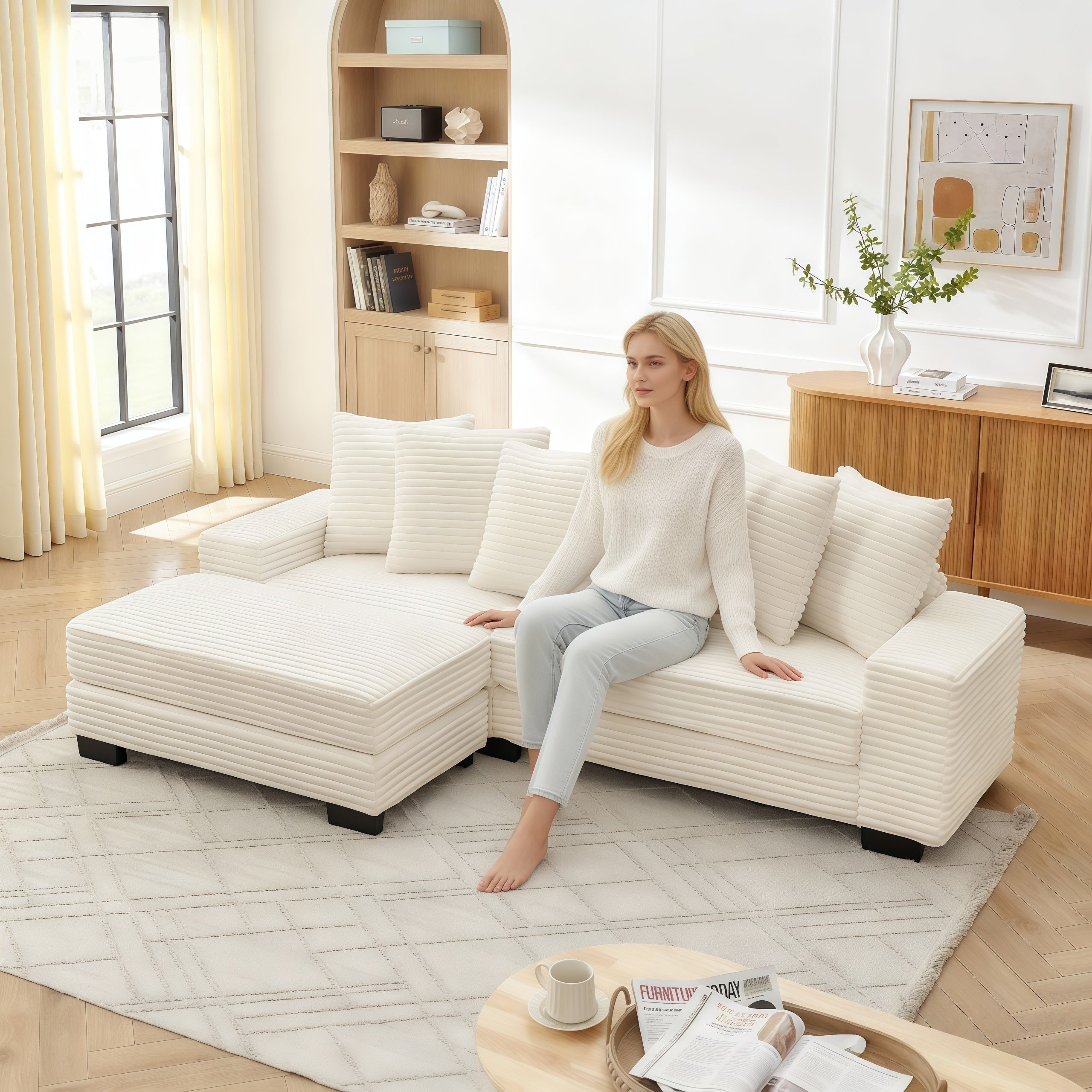 L-shaped Corner Sofa, 4-Seater Modular with 6 Cushions, Beige Corduroy