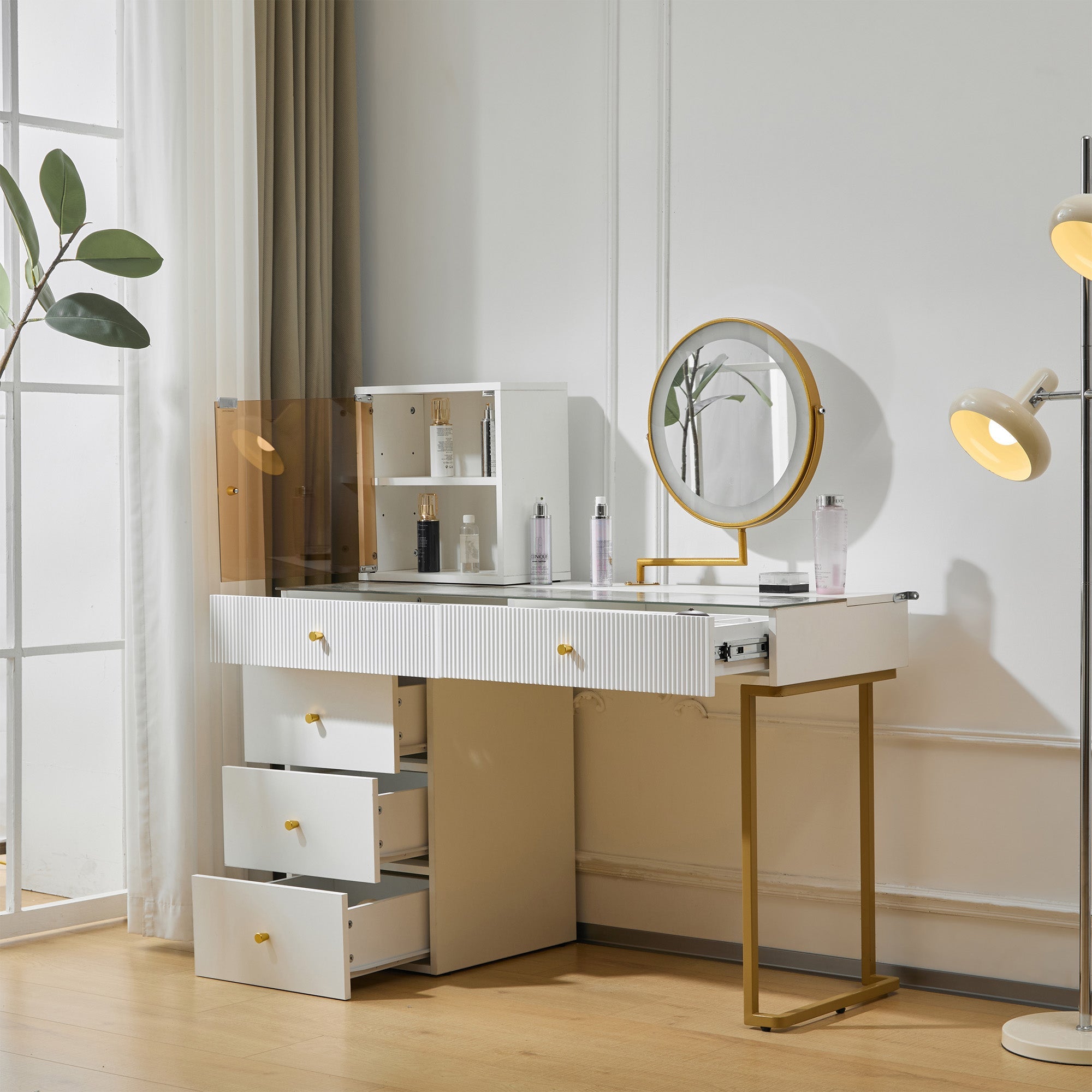 Dressing table set with LED-illuminated mirror, transparent tempered glass tabletop, side cabinet, white