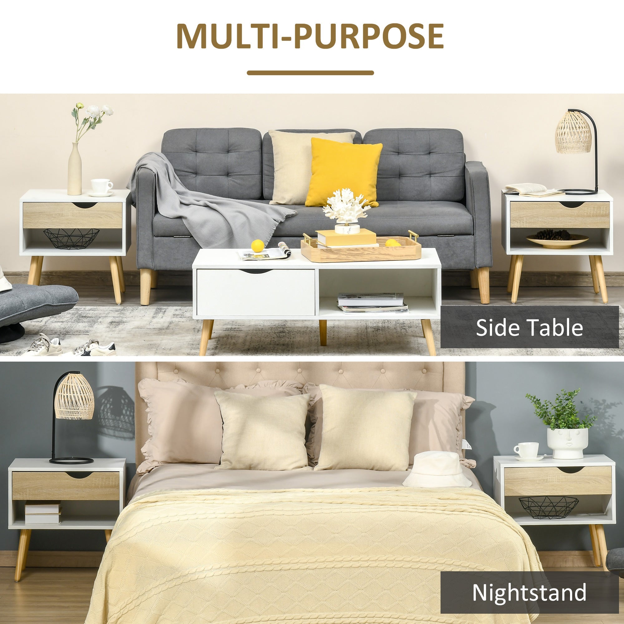 Set of 2 Bedside Tables with Drawer and Shelf, Wood/Particle Board