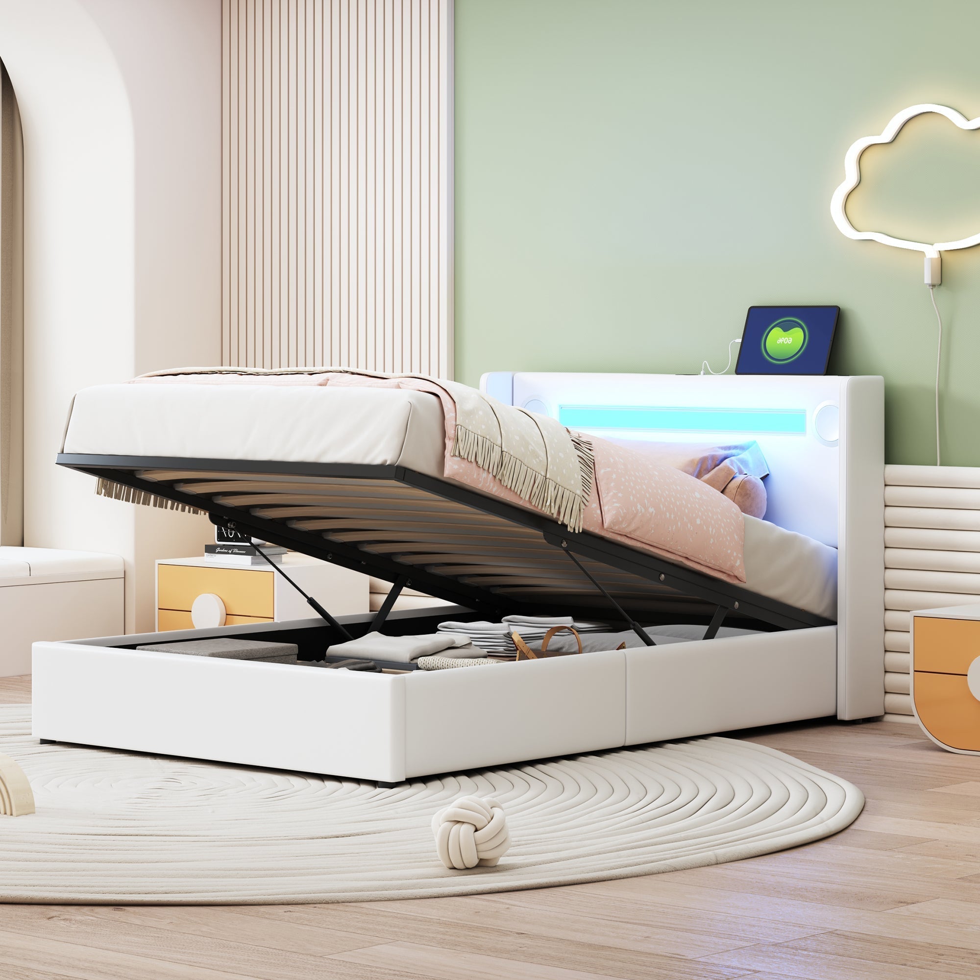 Upholstered Bed with LED Lights, Bluetooth Player, USB Ports and Hydraulic Storage, White PU Leather