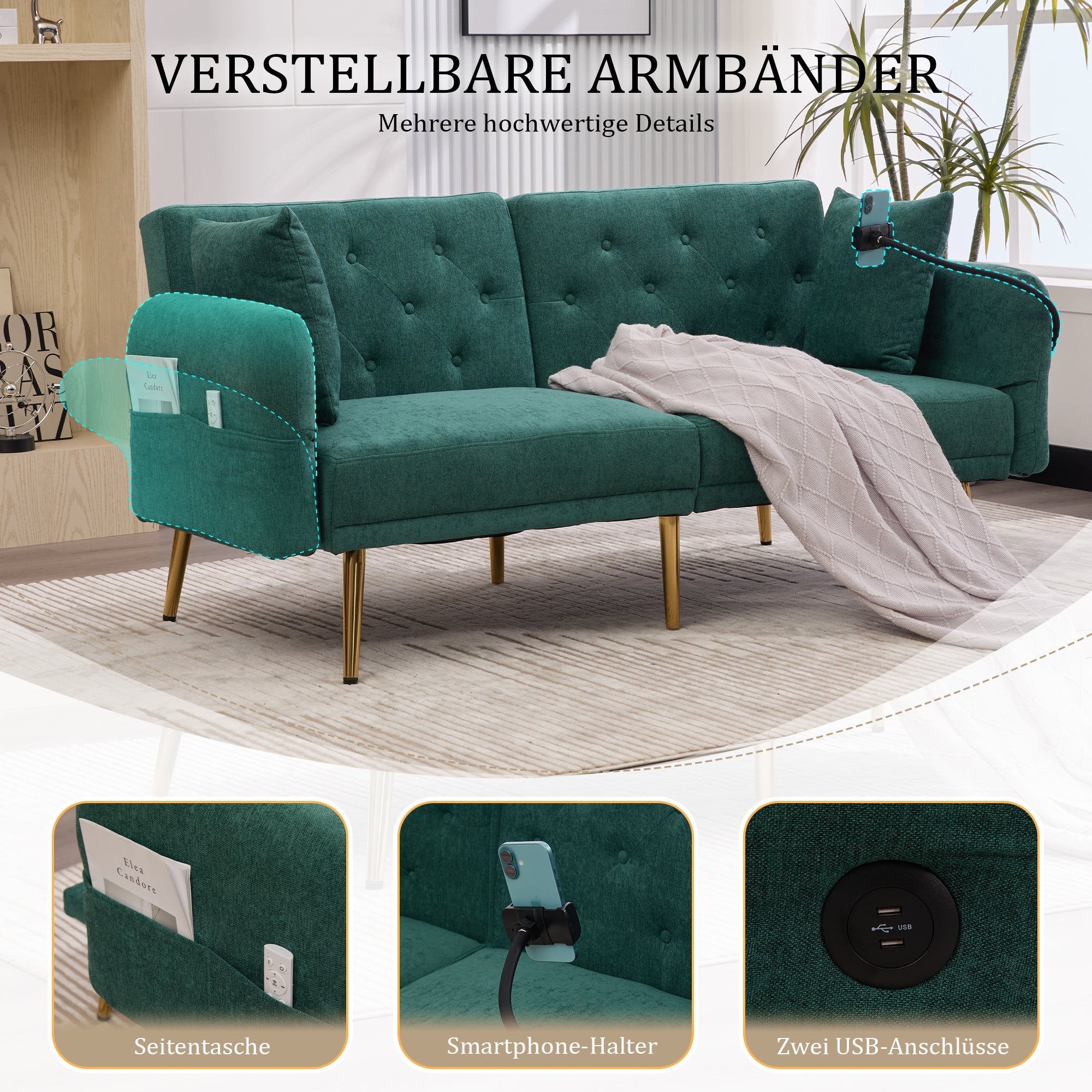 Sofa Bed, Multifunctional Folding with USB & Storage, Metal Legs