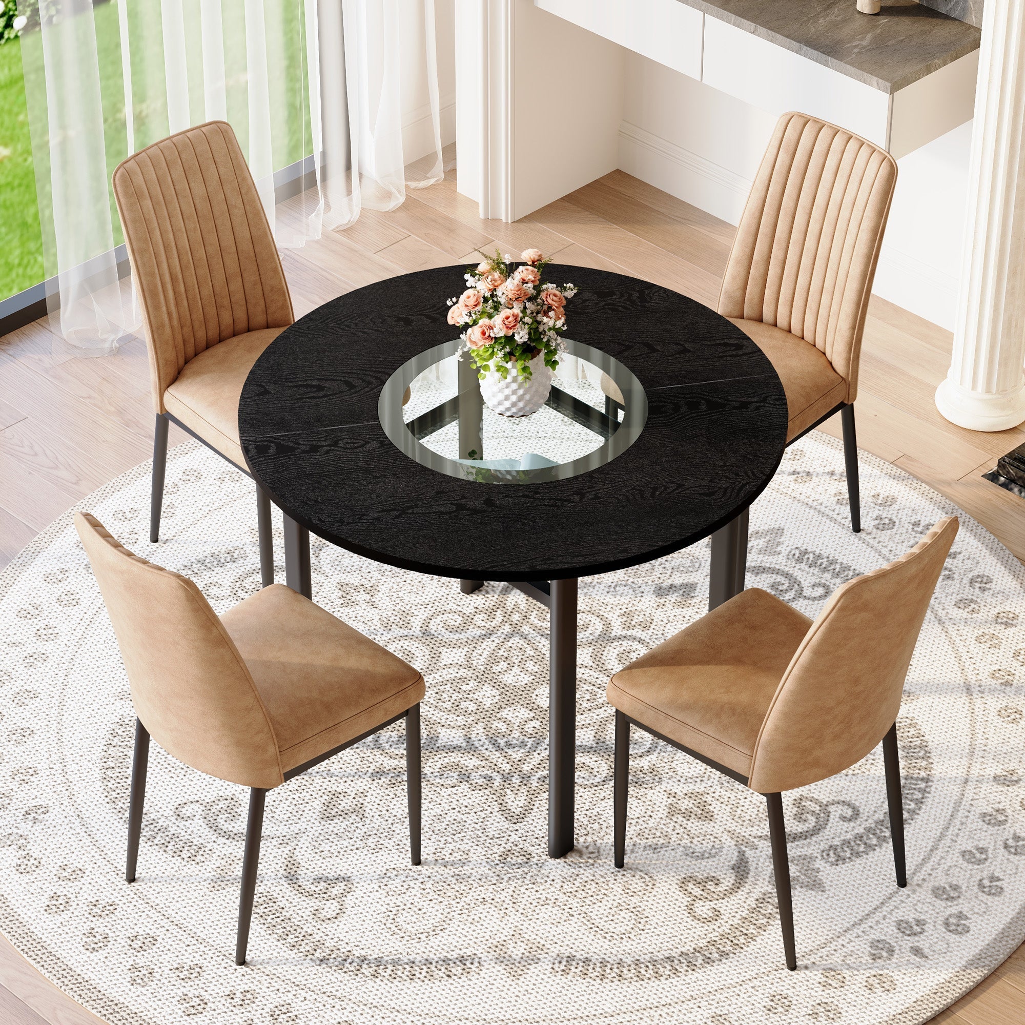 Dining Set Round 100cm Table Storage 4 Chairs - Black Wood Look/Brown Fabric