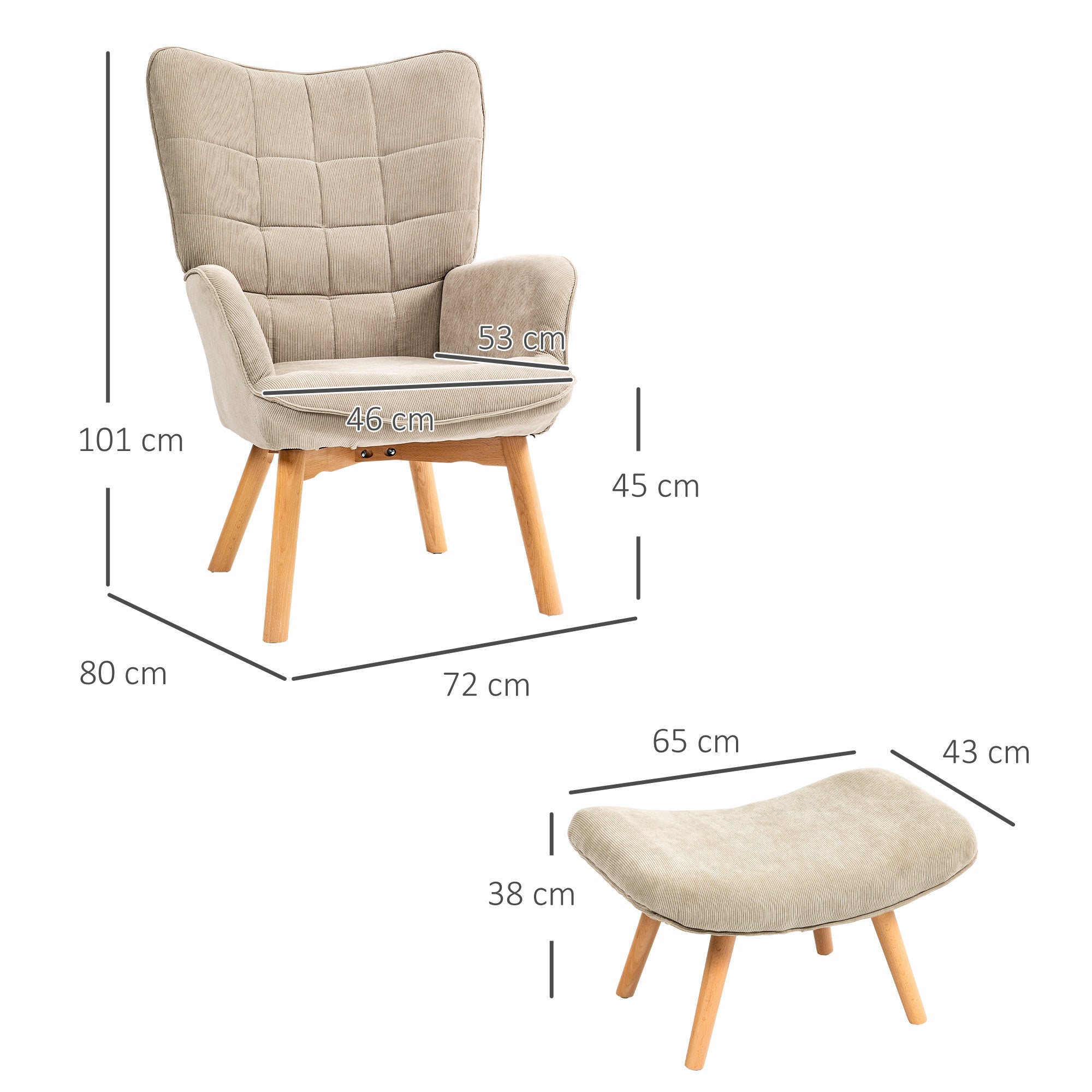 Ohrensessel mit Fußhocker, Polsterstuhl Beige Cord