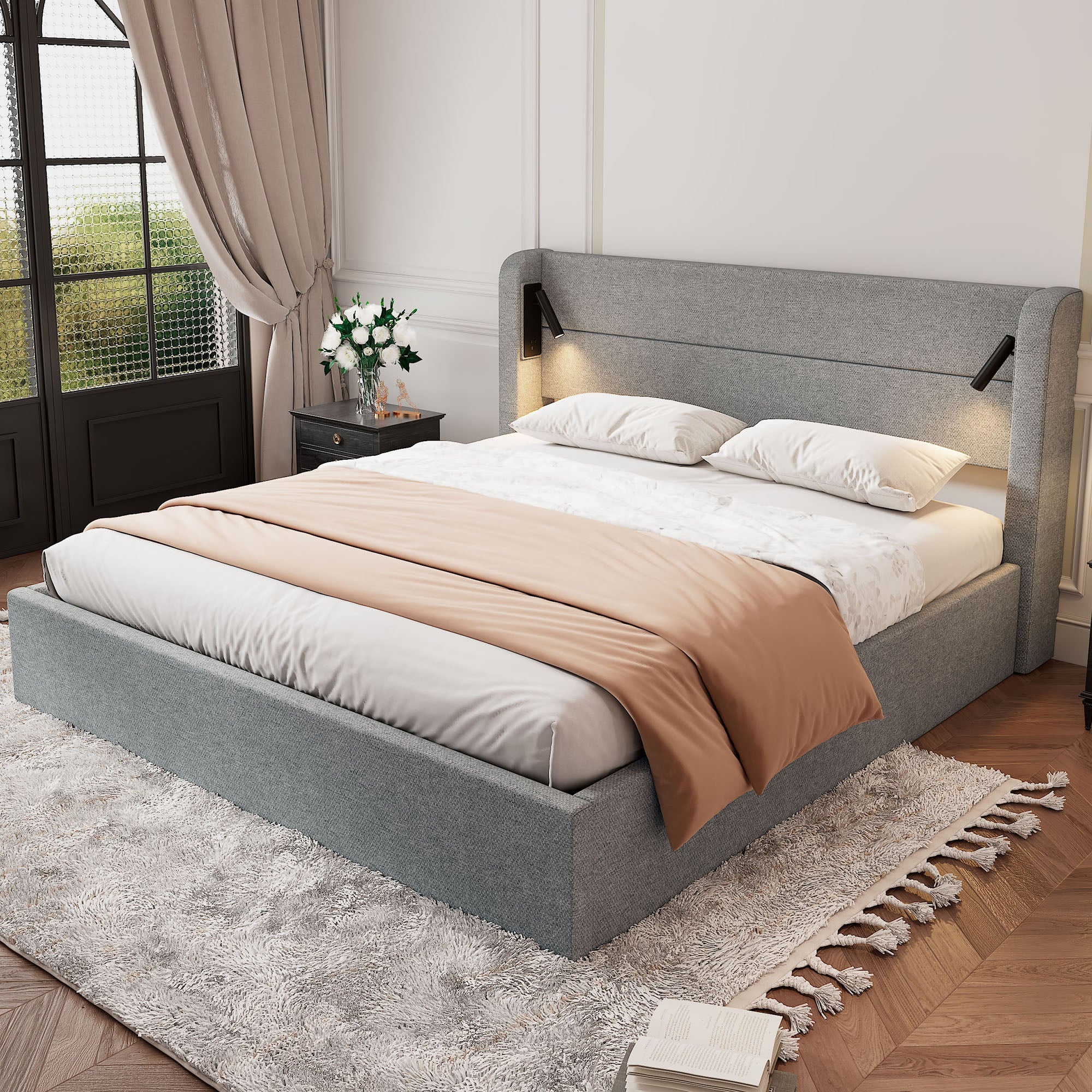 Upholstered Double Storage Bed with Mood Lighting, 160x200cm, Grey Chenille