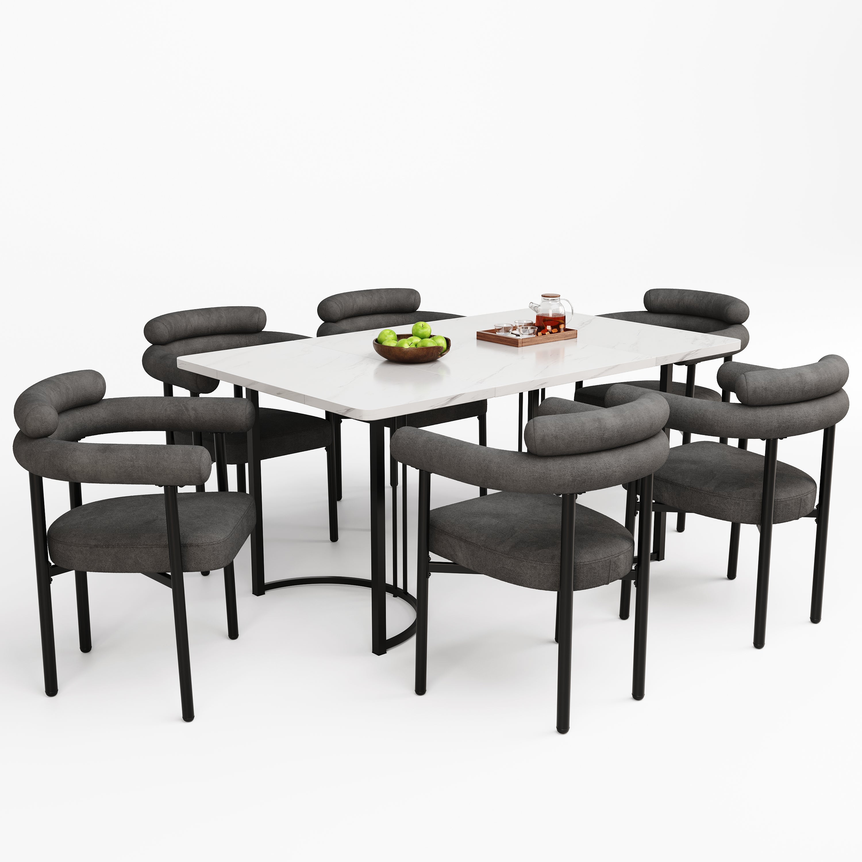 Dining Table and Chair Set (7-Piece) 6 Suede Armchairs Designer Metal Legs - Grey
