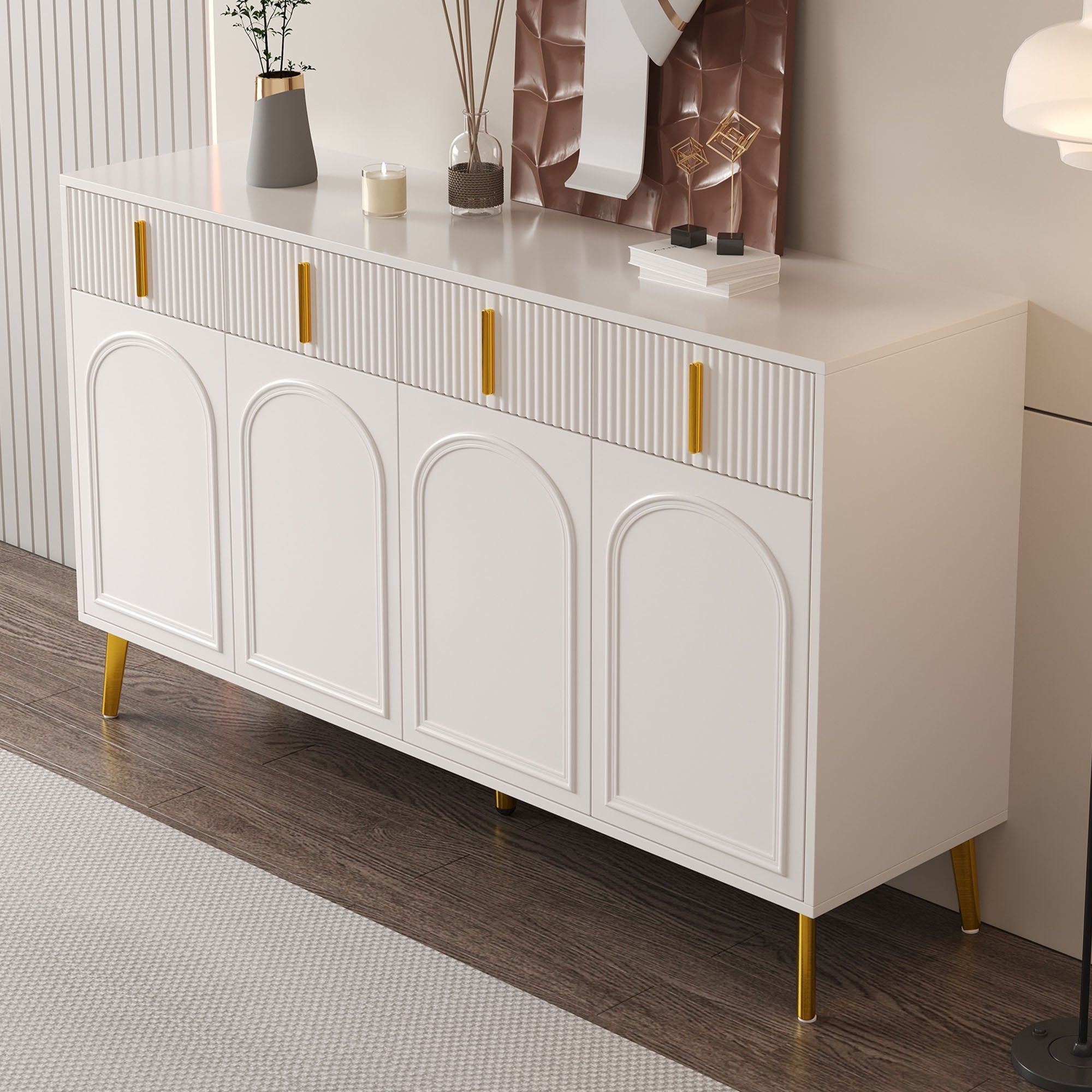 Sideboard, 4 Doors 4 Drawers, Gold Handles Legs, White MDF