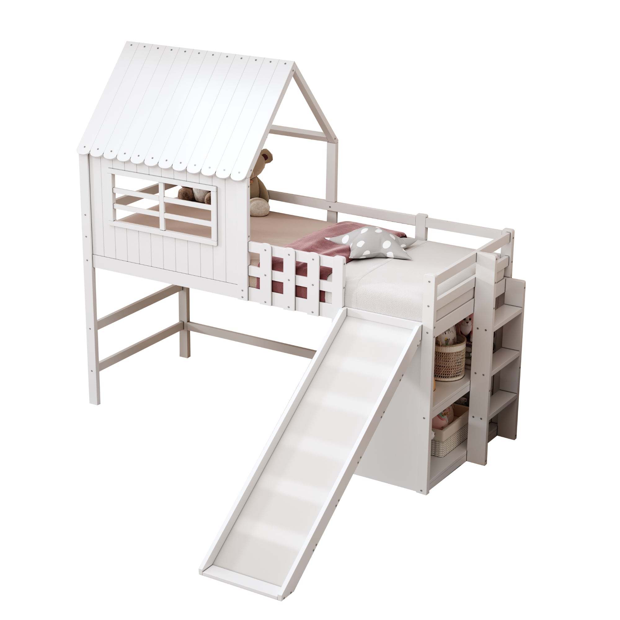 Children's Bed 90x200cm, Attic Design with Ladder, Slide & Storage, Solid Wood, White