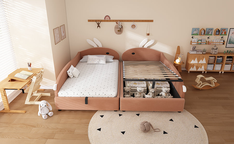 Upholstered Bed, Children's Hydraulic with Bunny Headboard & Storage, Velvet Pink+White