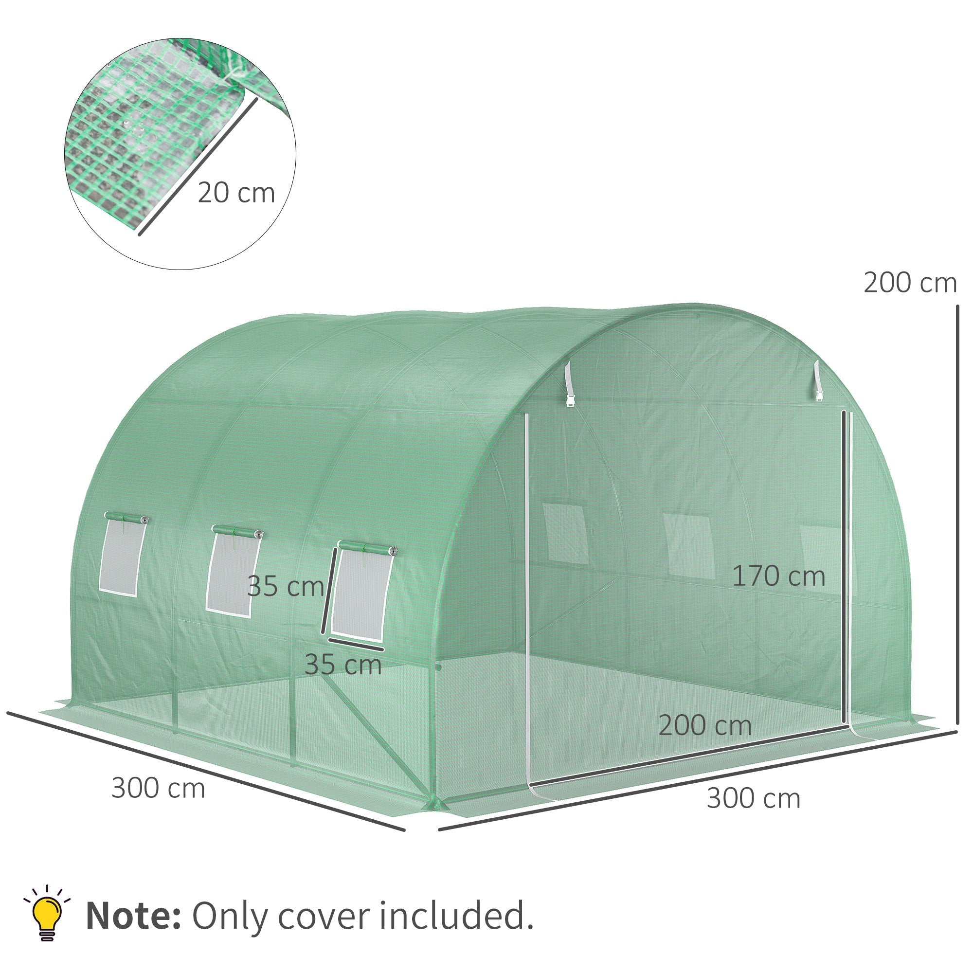 Replacement Cover for Garden Greenhouse Tunnel 9 m², 3x3x2m, PE Anti-UV Waterproof, Green