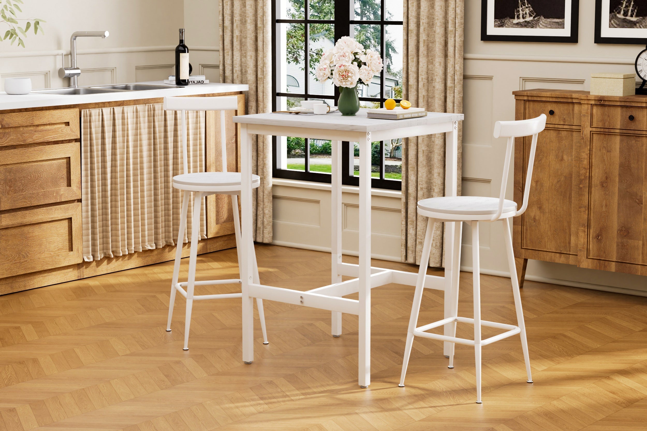 Bar Table and 2 Stools Set Industrial Style Metal Frame - White
