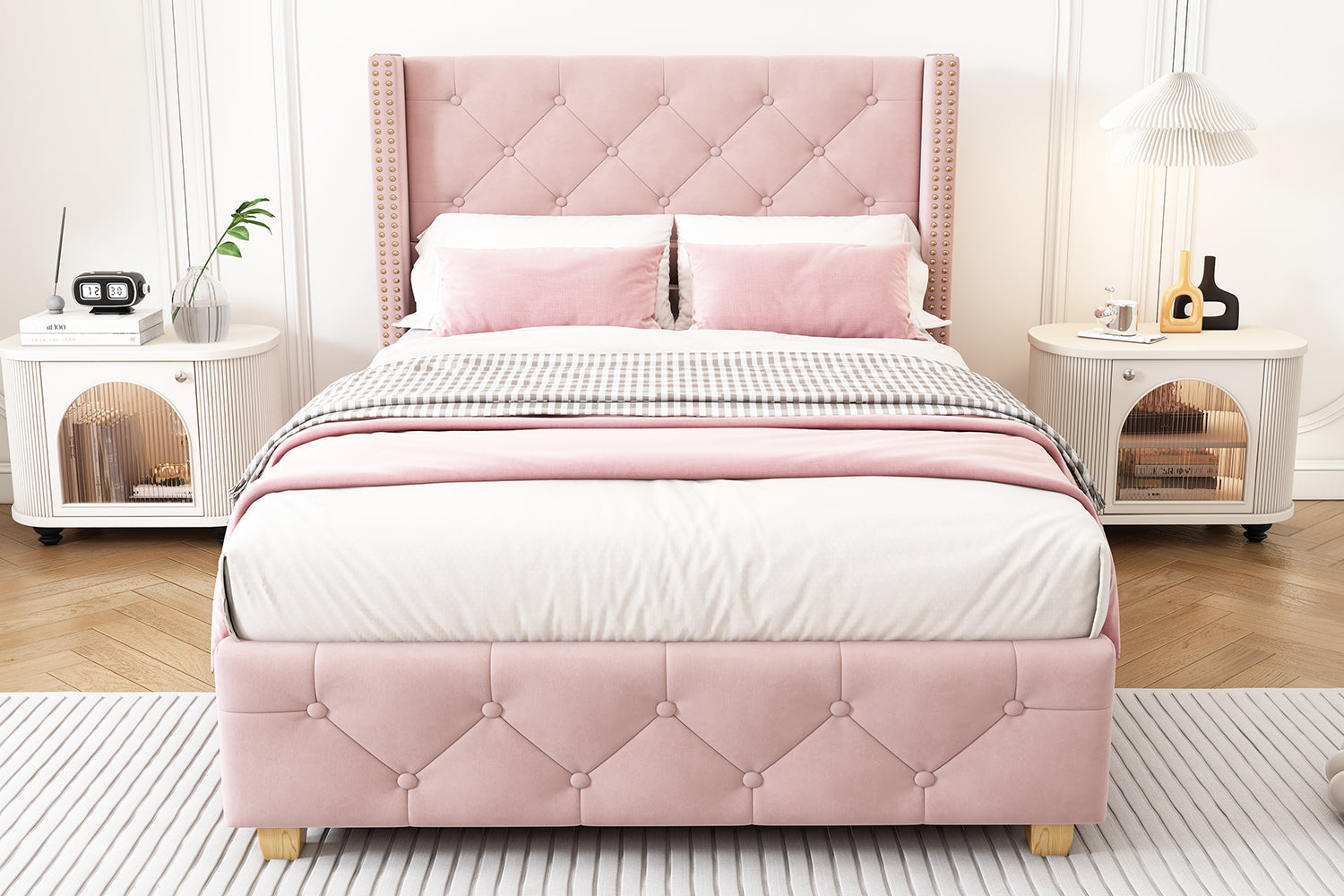 Pink Velvet Upholstered 3ft Single Bed with Slatted Frame