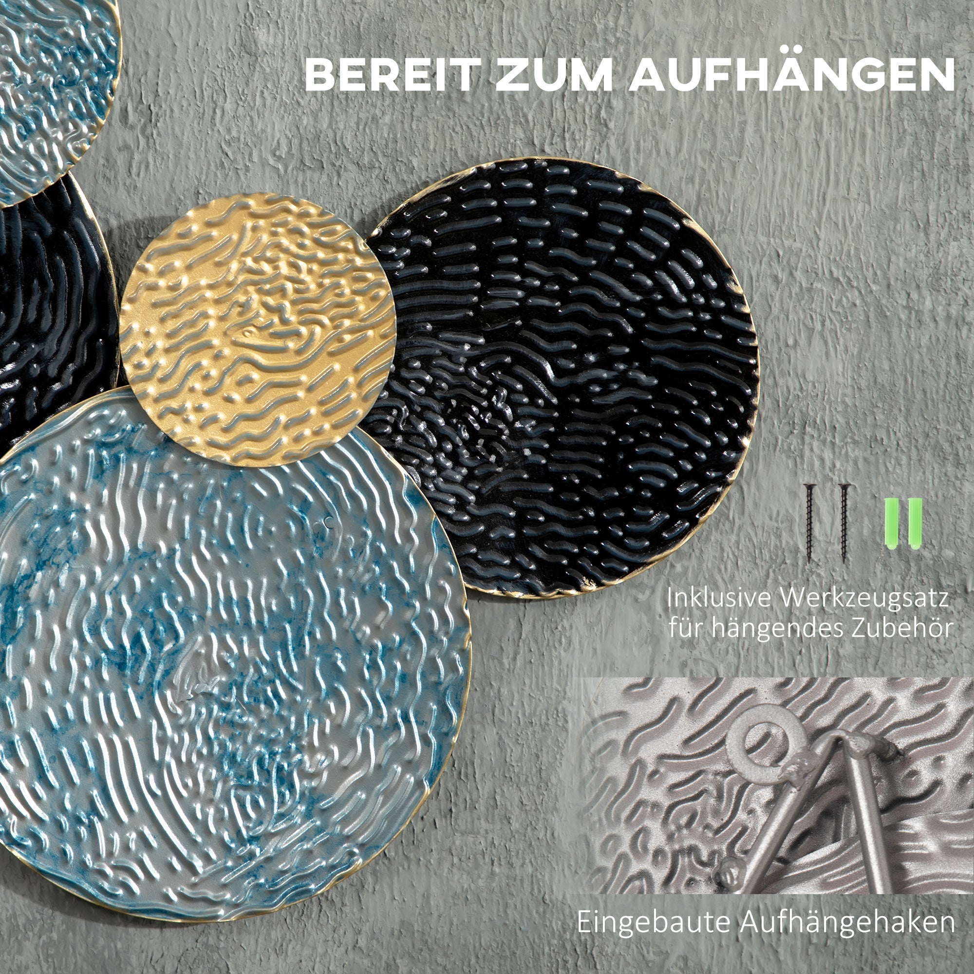 3D-Wandkunst, moderne Skulptur, 121x53cm, Gold Schwarz Blau Metall