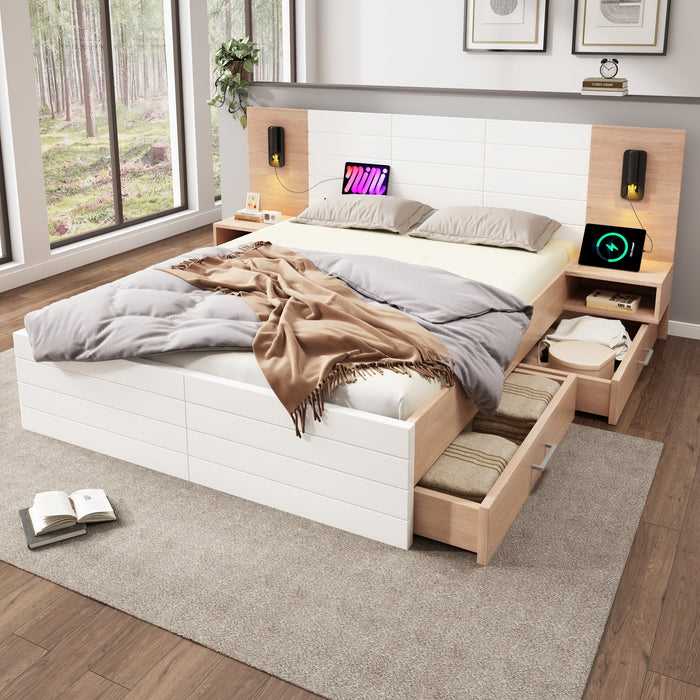 Double Wooden Bed, 160x200cm with 2 Drawers, Reading Light & USB, Oak/White