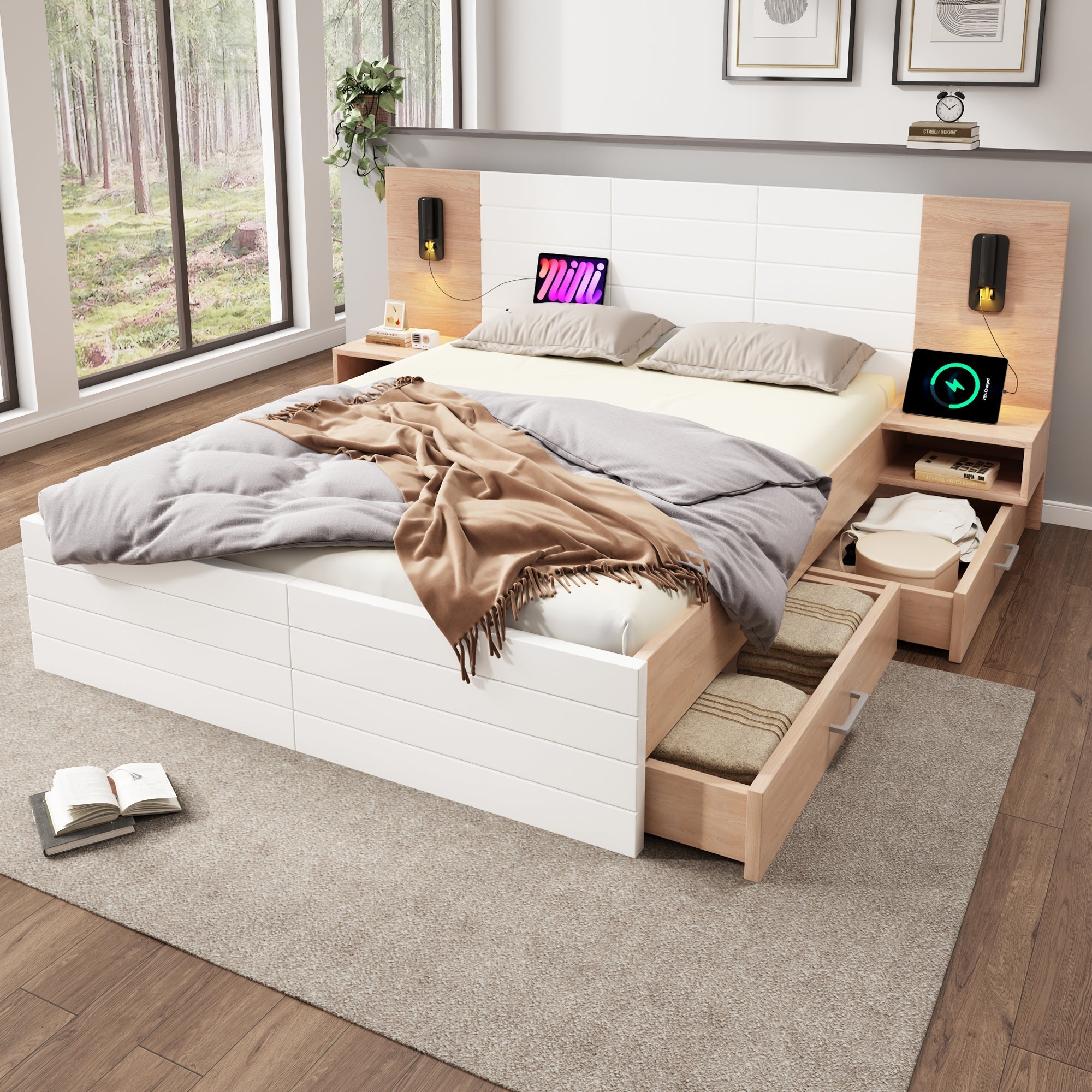 Double Wooden Bed, 180x200cm with 2 Drawers & USB Reading Light, Oak/White