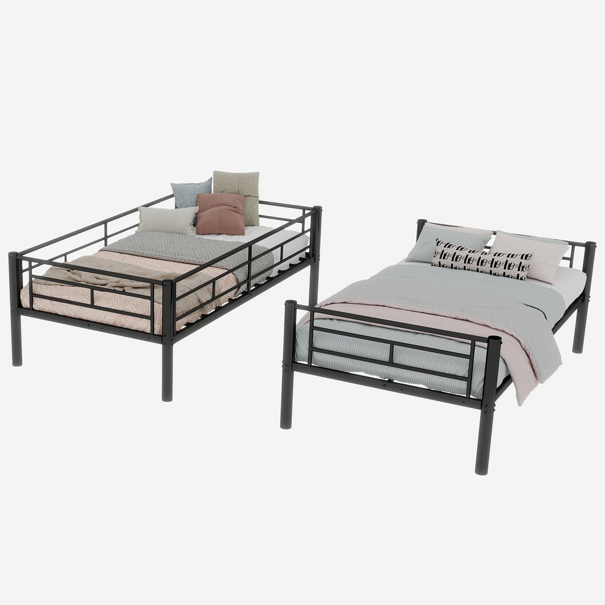 Twin over Twin Bunk Bed Convertible 2 Beds Ladders Railings, Metal Structure