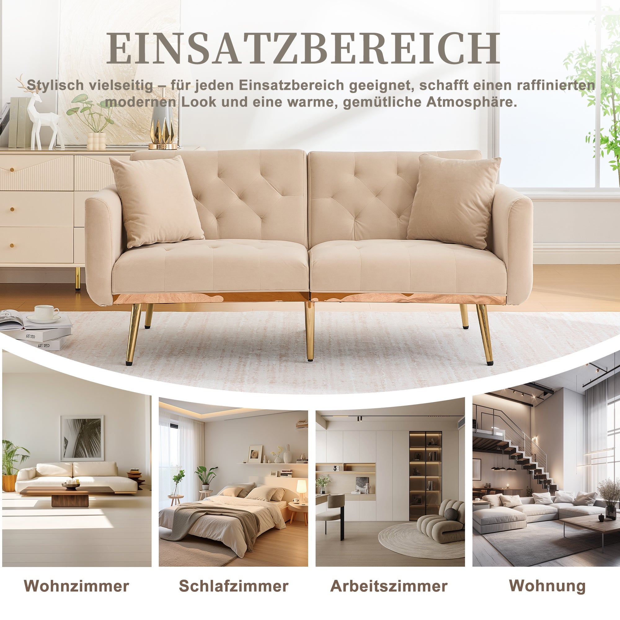 Double Sofa, Modern Velvet Sofa Bed with Adjustable Backrest, Beige