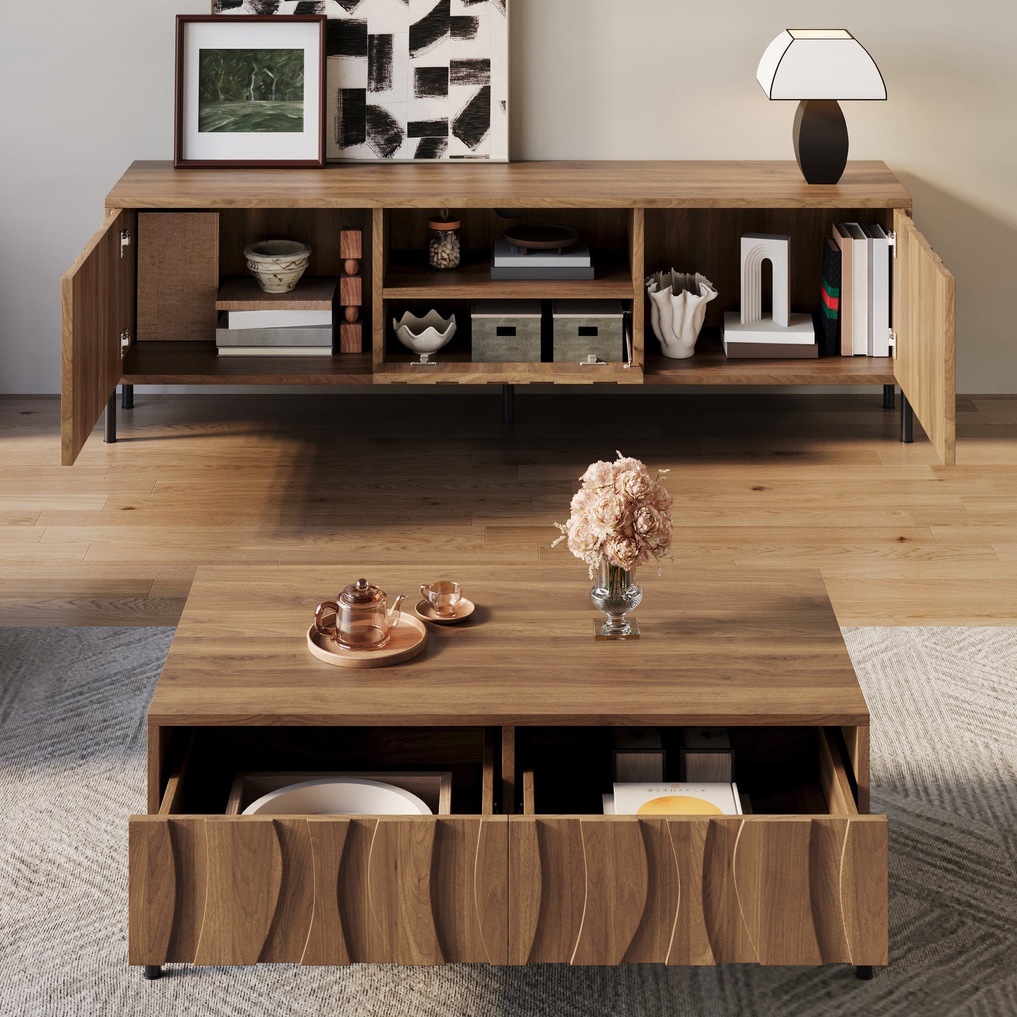 Coffee Table and TV Stand Combination, Wave Pattern Storage Set, Solid Wood
