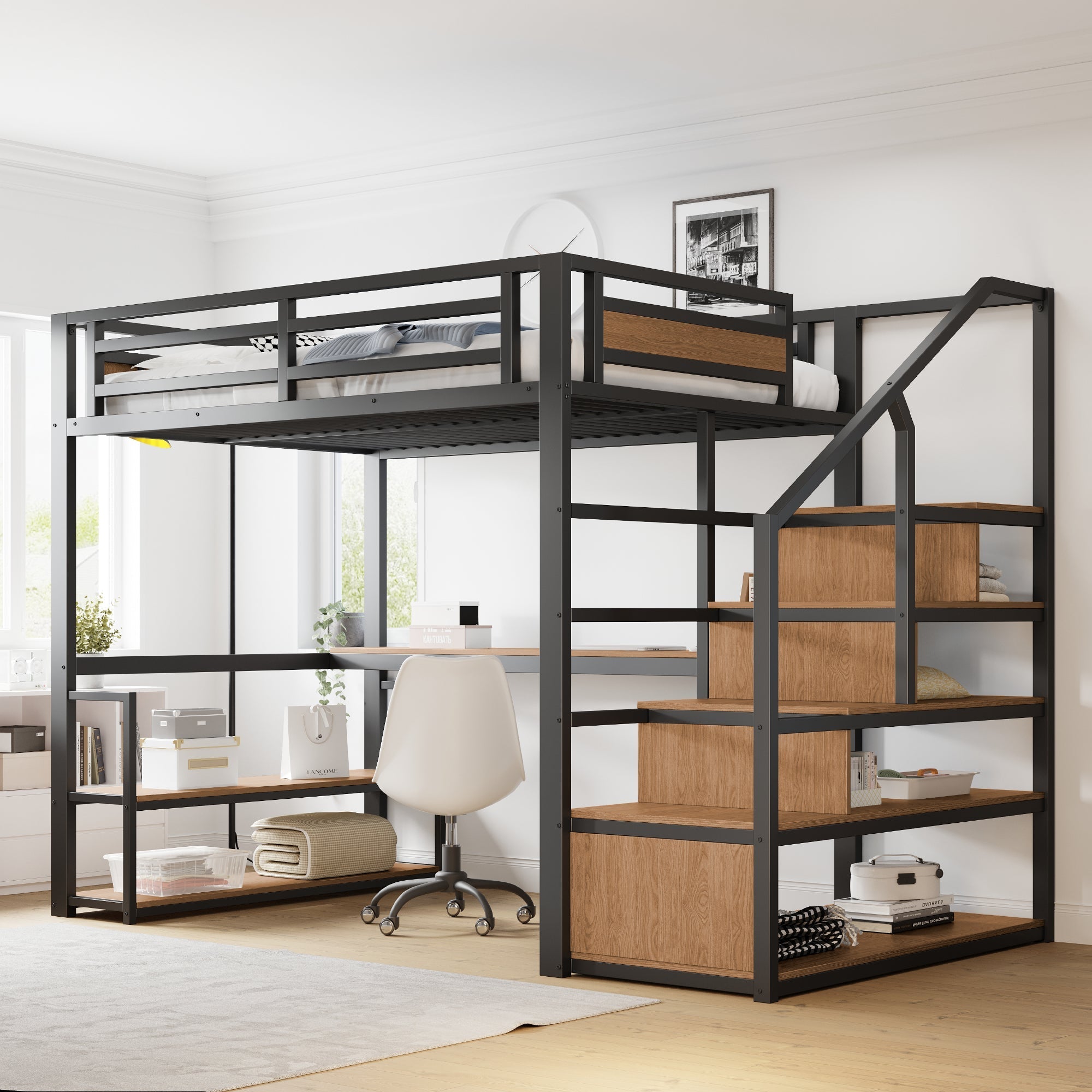 Metal Loft Bed with Desk, Shelves & Storage for Kids