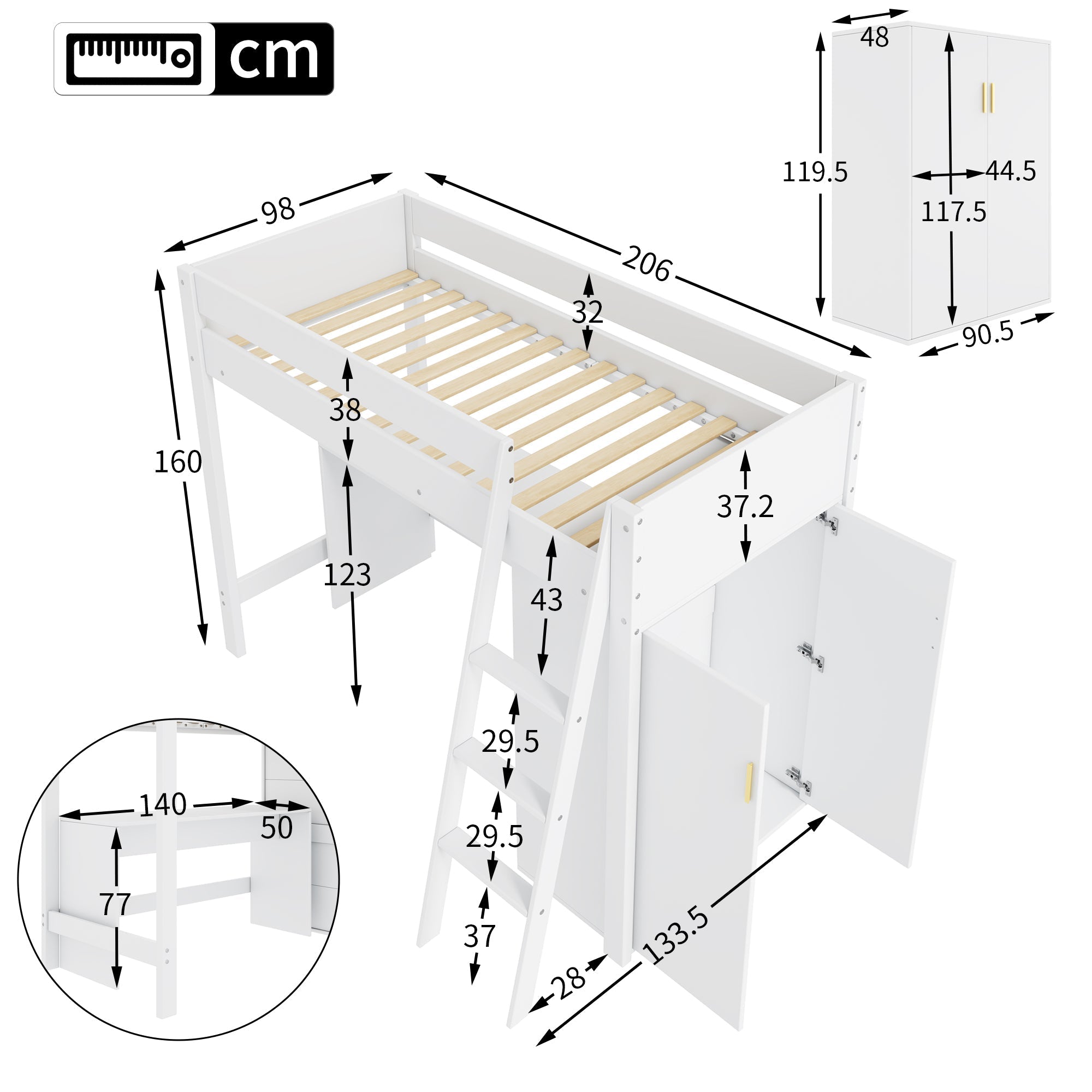 Children's Loft Bed 90x200cm Multifunctional Desk Wardrobe Solid Wood - White