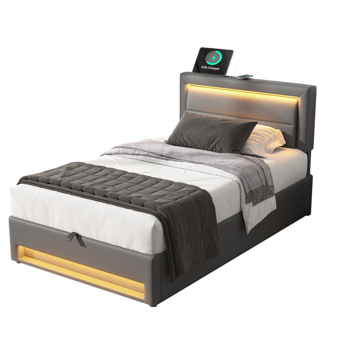 Upholstered Bed 90x190cm USB Charging LED Lighting Storage PU Lychee Grey
