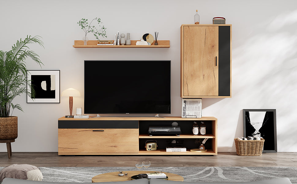 TV Wall Unit Set, 3-Piece Media & Storage, Wood + Black